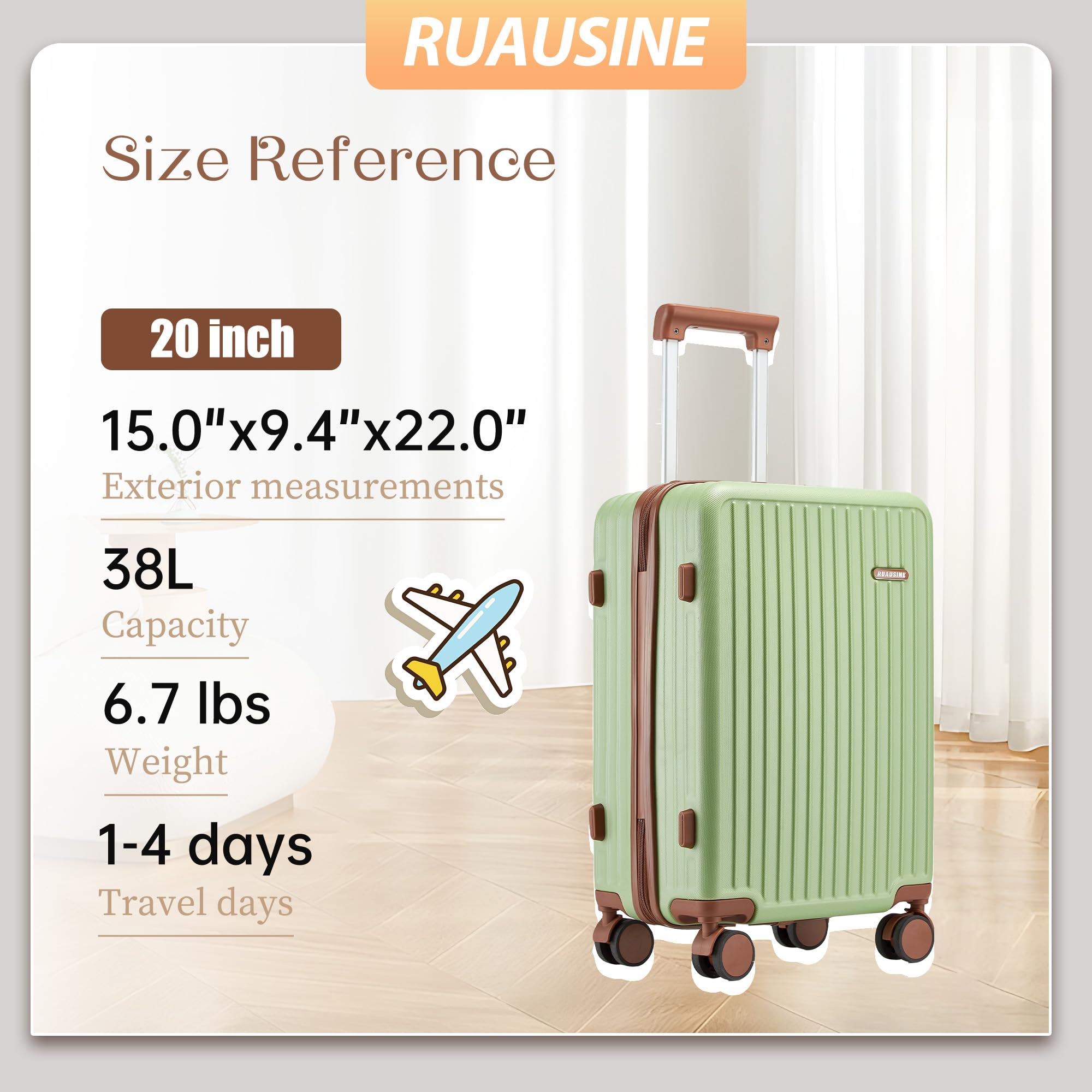 Ruausine Valigia a Mano Approvata per Trasporto Aereo, ​​Trolley Bagaglio a Mano​​ Rigido con ​​Ruote Multidirezionali​​, ​​Valigia Piccola Trolley​​ Leggera con Combinazione (Green, 20 IN)