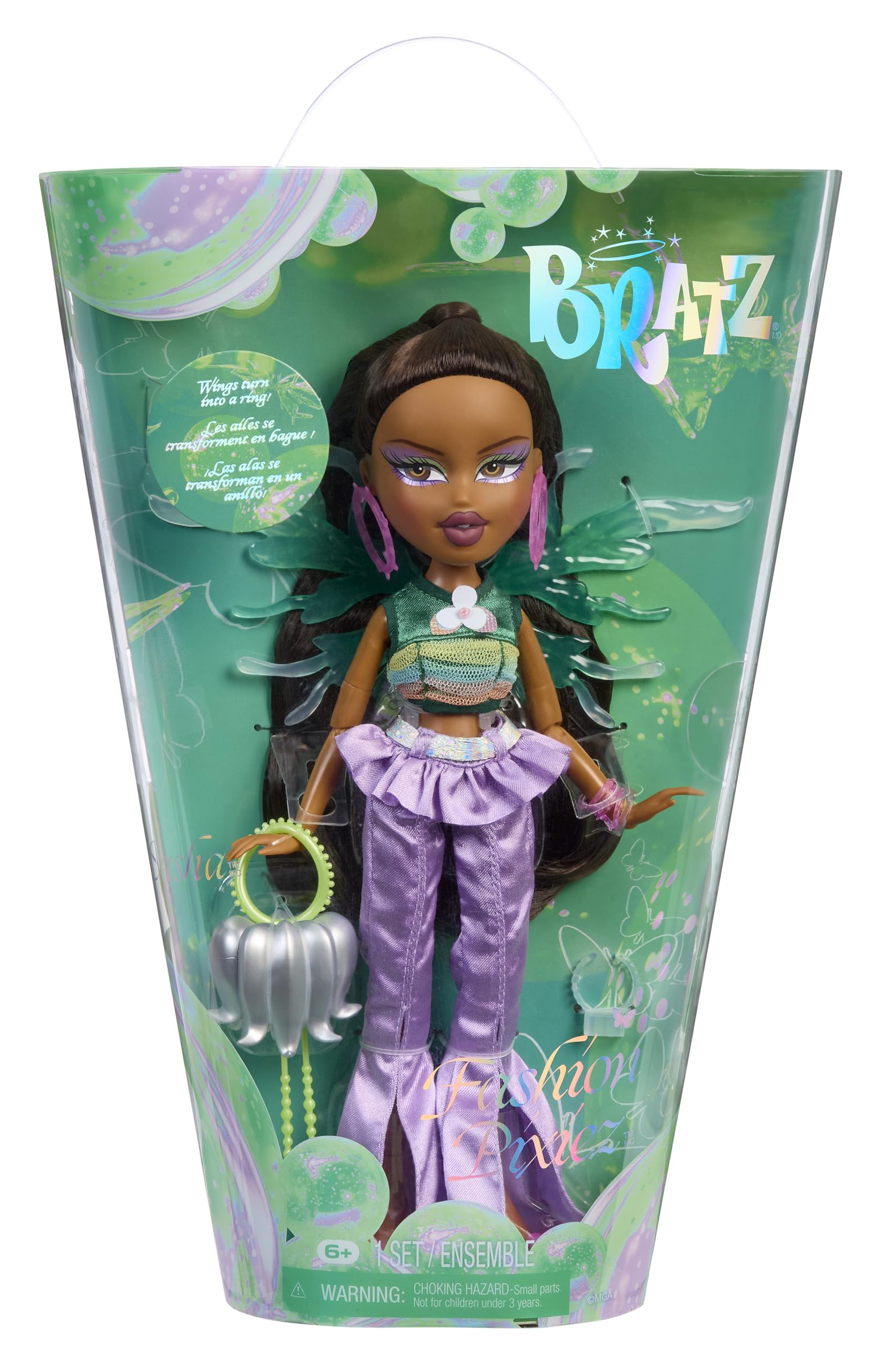 Bratz Fashion Pixiez Sasha - Bambola Fantasy da Collezione con Abiti e Accessori Reali, Le Ali Si Trasformano in Un Anello