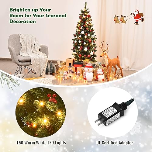 Miniatura 19 de Árbol de Navidad artificial preiluminado de 7.5 pies, árbol de Navidad delgado con 980 puntas de ramas de PVC, 350 luces LED, 75 conos de pino