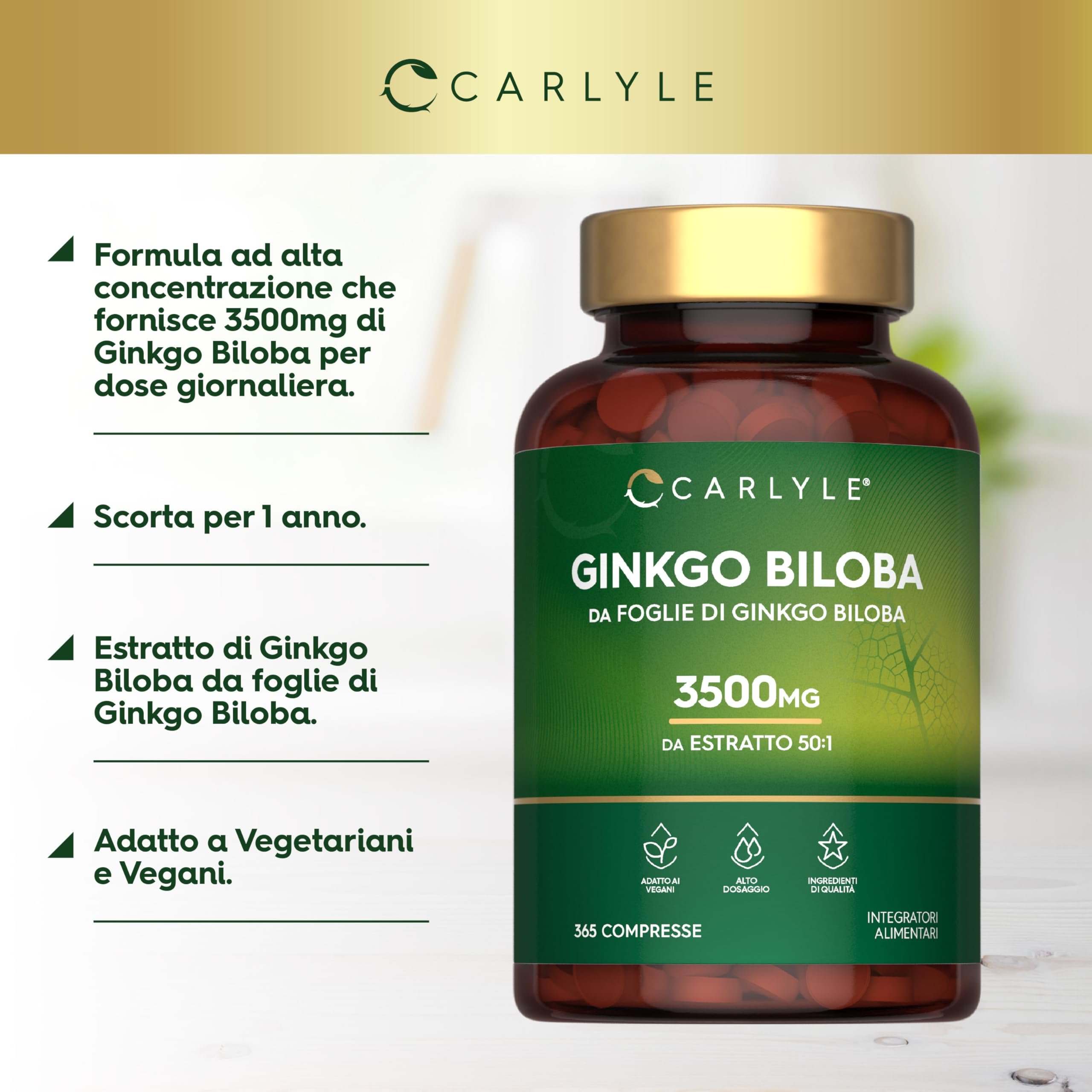 Ginkgo Biloba 3500mg | 365 Compresse | Capsule di estratto di Ginkgo | Fornitura per 1 anno | Alto Dossagio | Carlyle