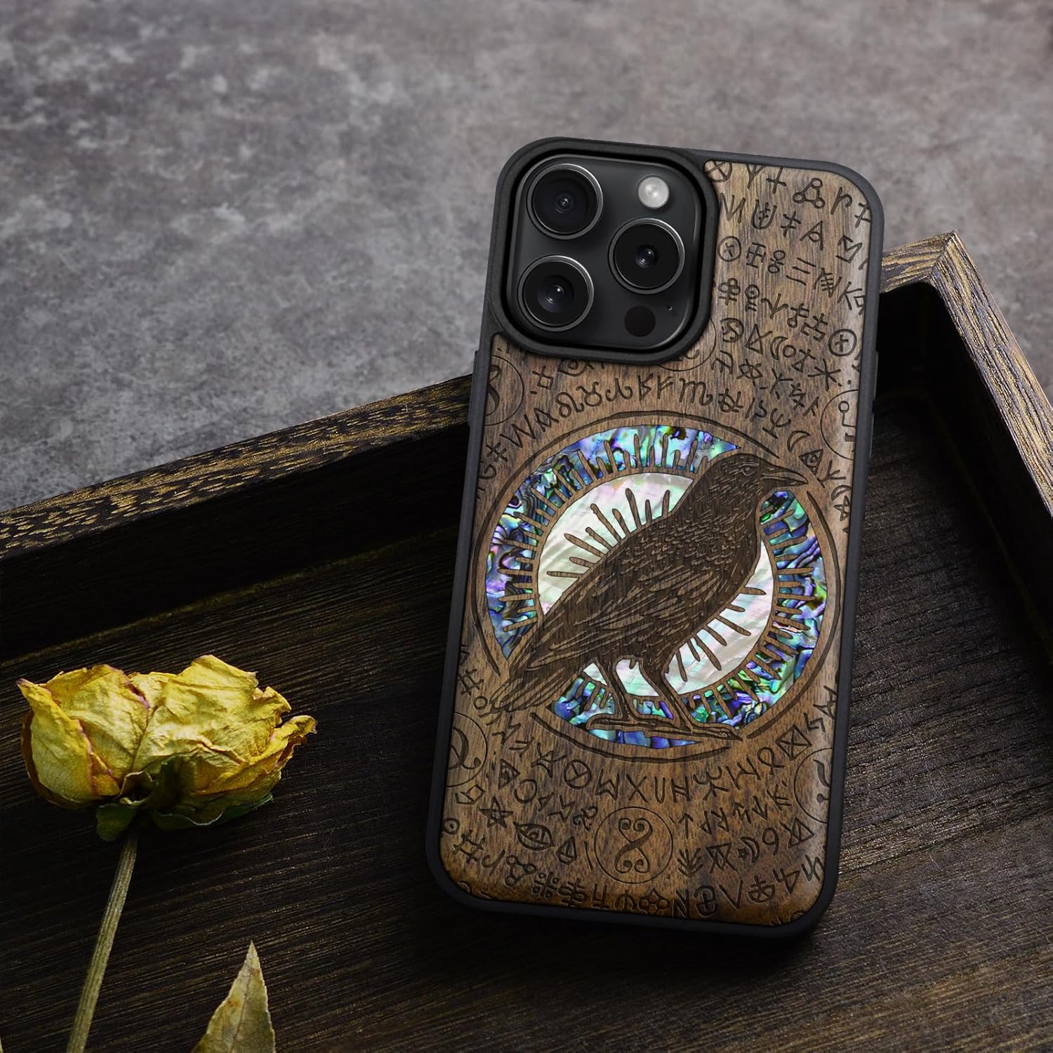 Carveit Magnetic Case for iPhone 16 Pro Case, Wood Artisan Engraved & Handmade Shell Inlaid, TPU Shockproof Cover, Compatible with MagSafe Wireless Chargers (Haloed Crow) Walnut