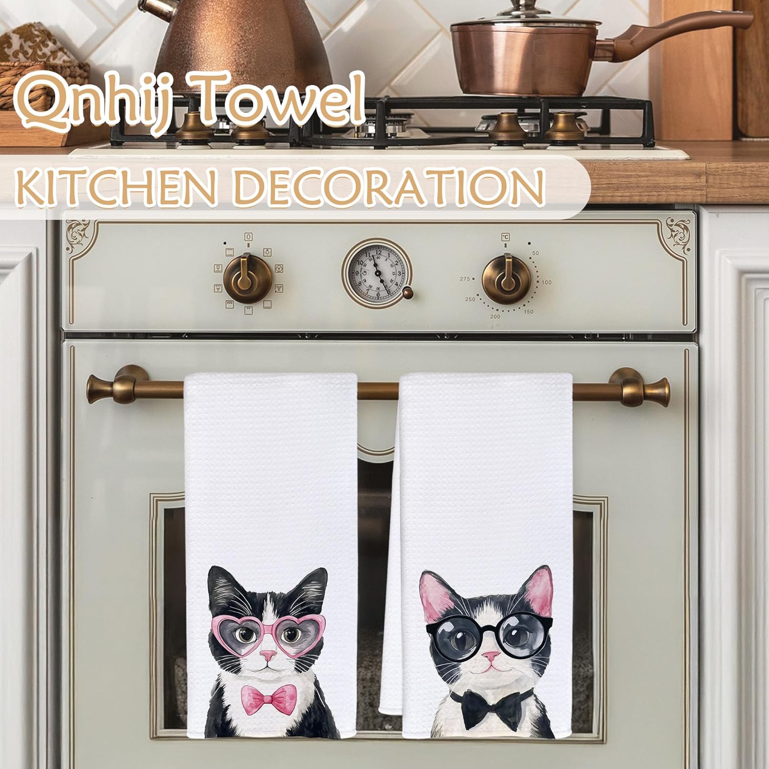Coquette Black and White Cat Kitchen Towels, Tuxedo Cat Gifts Dish Tea Towels for Kitchen Decor, Cats Lover Mom Lady Gifts Decorative Hand Towels for Bathroom, 16x24 Inch Set of 2 - Image 2