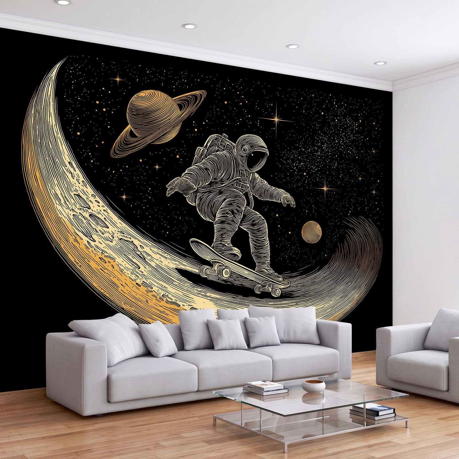 Vlies Fototapete 3D-Effekt Astronaut Sternenhimmel Sci-Fi Skateboard Wandtapete 300 x 280 cm, Moderne XXL Motivtapete Wanddekoration für Wohnzimmer Schlafzimmer,