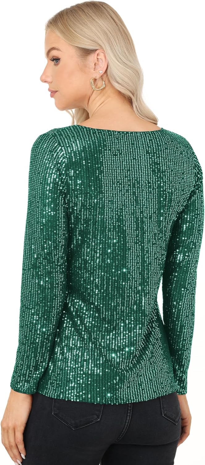 Anna-Kaci Women's Long Sleeve Sequin Crew Neck Top Sparkly Party Blouse with Lined Interior