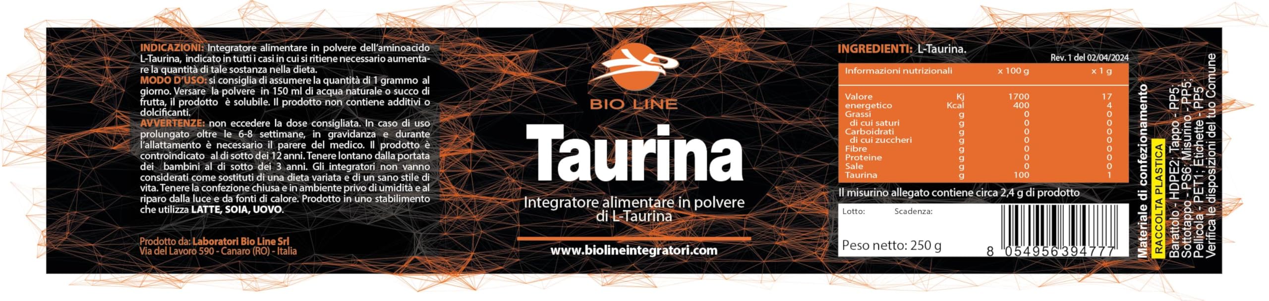 Laboratori Bio Line - Taurina Integratore 250gr in Polvere, L-Taurina in Polvere, Idrosolubile Si Scioglie Facilmente in Acqua, Assumere 1 Grammo al Giorno (Scorta 250 Giorni)
