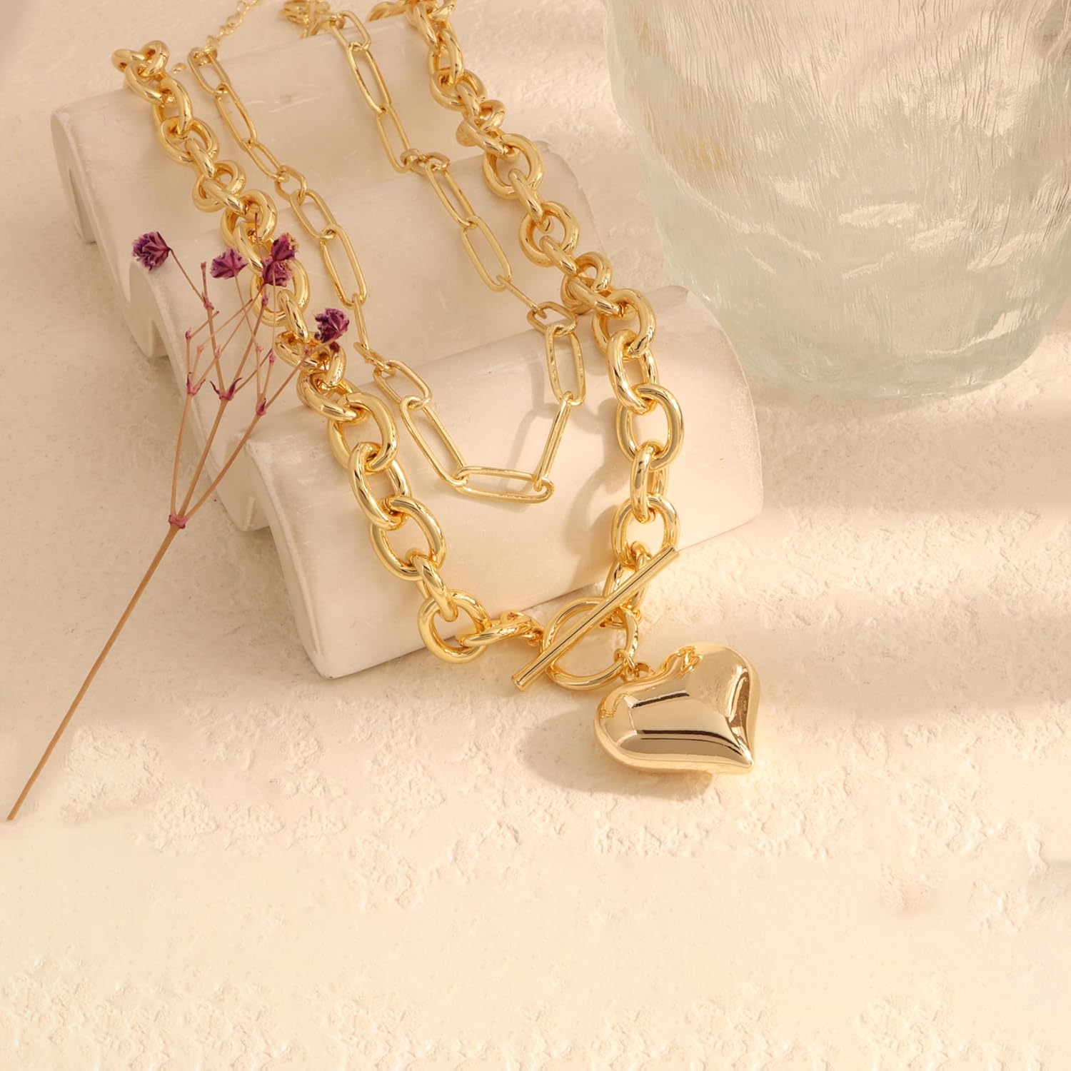 Chunky Gold Necklace for Women 14K Gold Plated Paperclip Chain Puffy Chunky Heart Pendant Necklace Charm Toggle Clasp Thick Chain Layered Necklaces Set Trendy Jewelry Gifts - Image 6