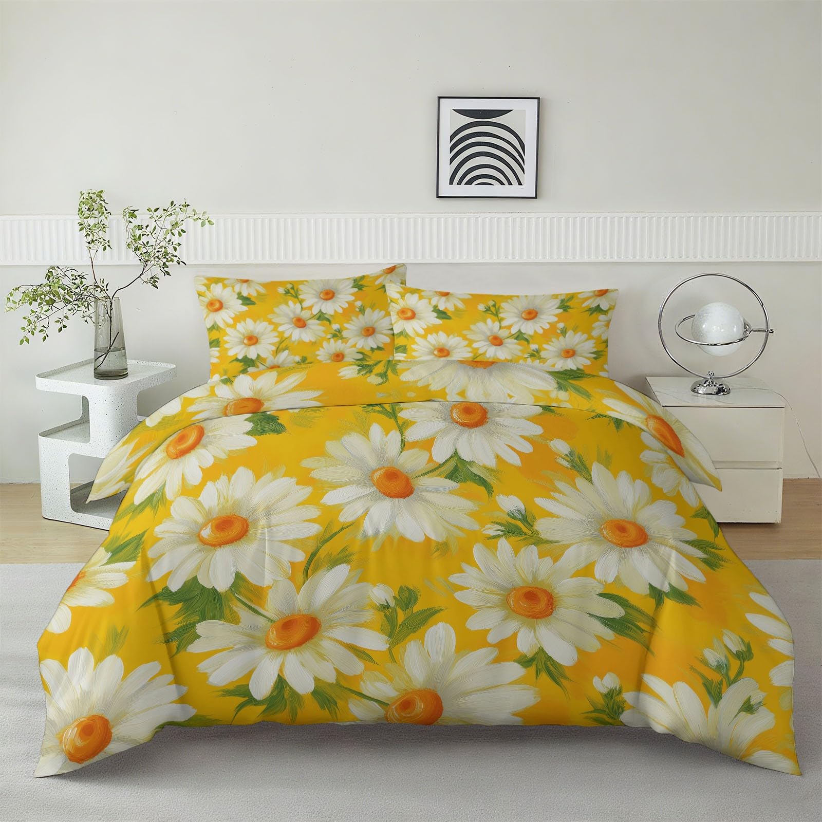 Żółty komplet pościeli 155 x 220 cm, tradycyjne, kwiaty, stokrotki, pościel 3D, poliester, bawełna, miękka, dwustronna, poszewka na kołdrę z zamkiem błyskawicznym, zestaw pościeli pojedynczej