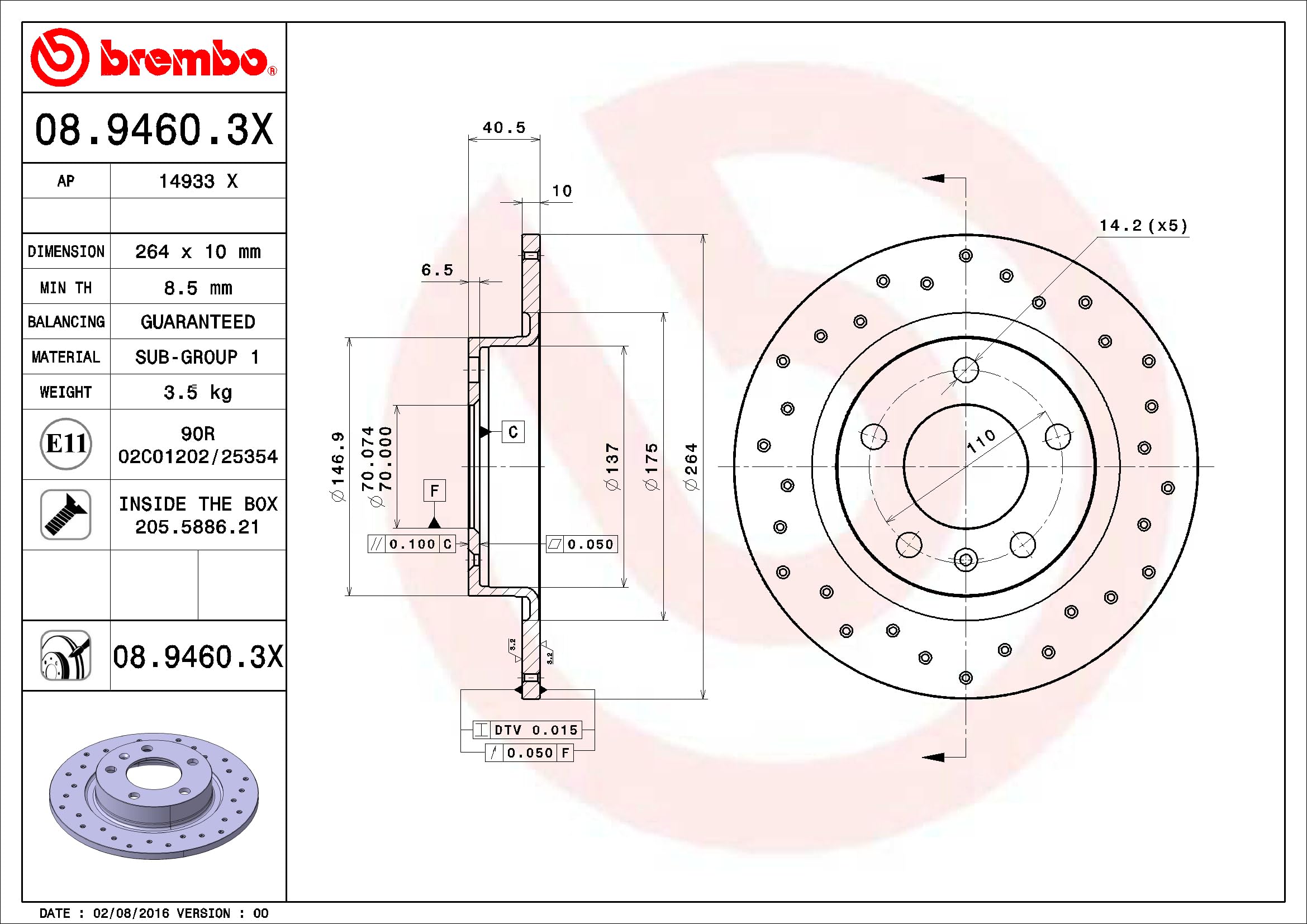 Brembo Xtra 08.9460.3X - Disco Freno Forato Posteriore, Set di 2