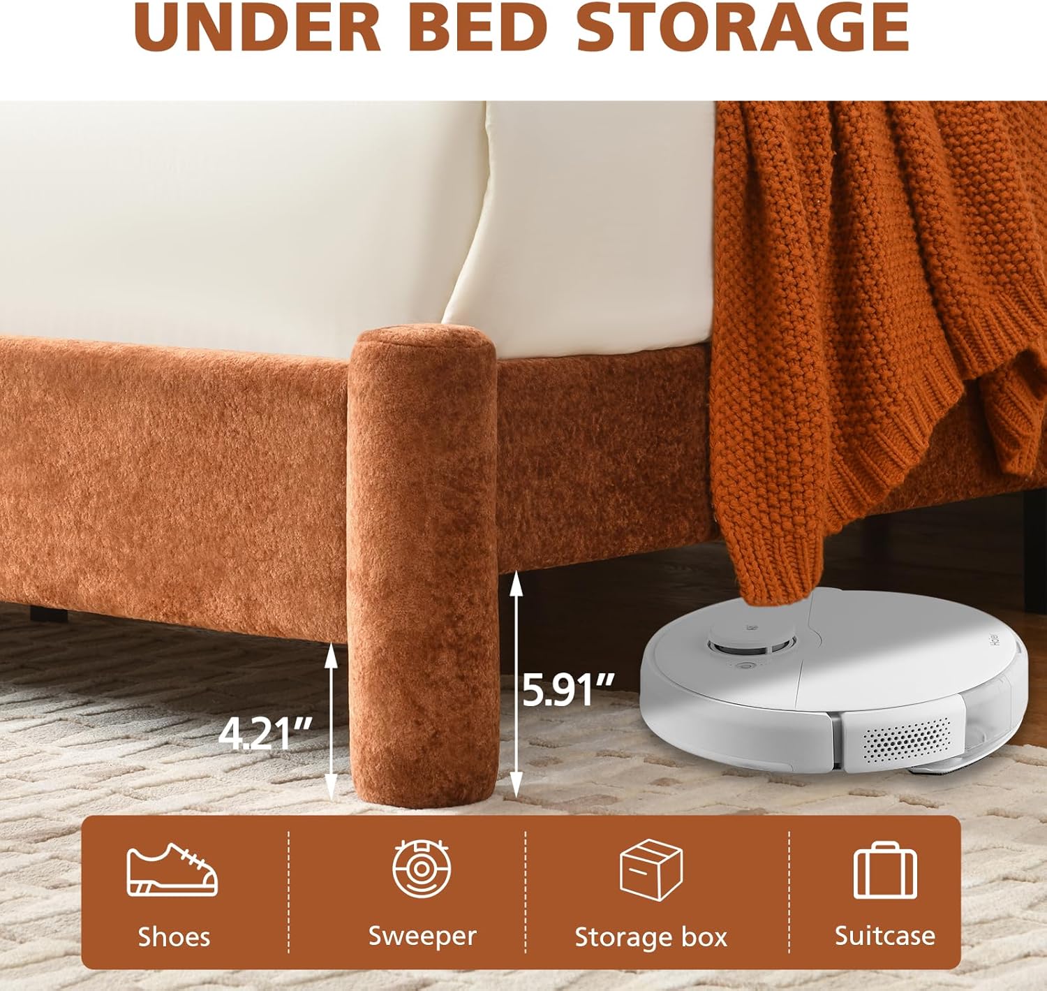 VELOCAVA Queen Size Upholstered Platform Bed Frame with Soft Rounded Corners, 44.88" Tall Headboard, Luxury Plush Velvet Upholstery, 11 Slats, No Box Spring Needed, Rust Orange