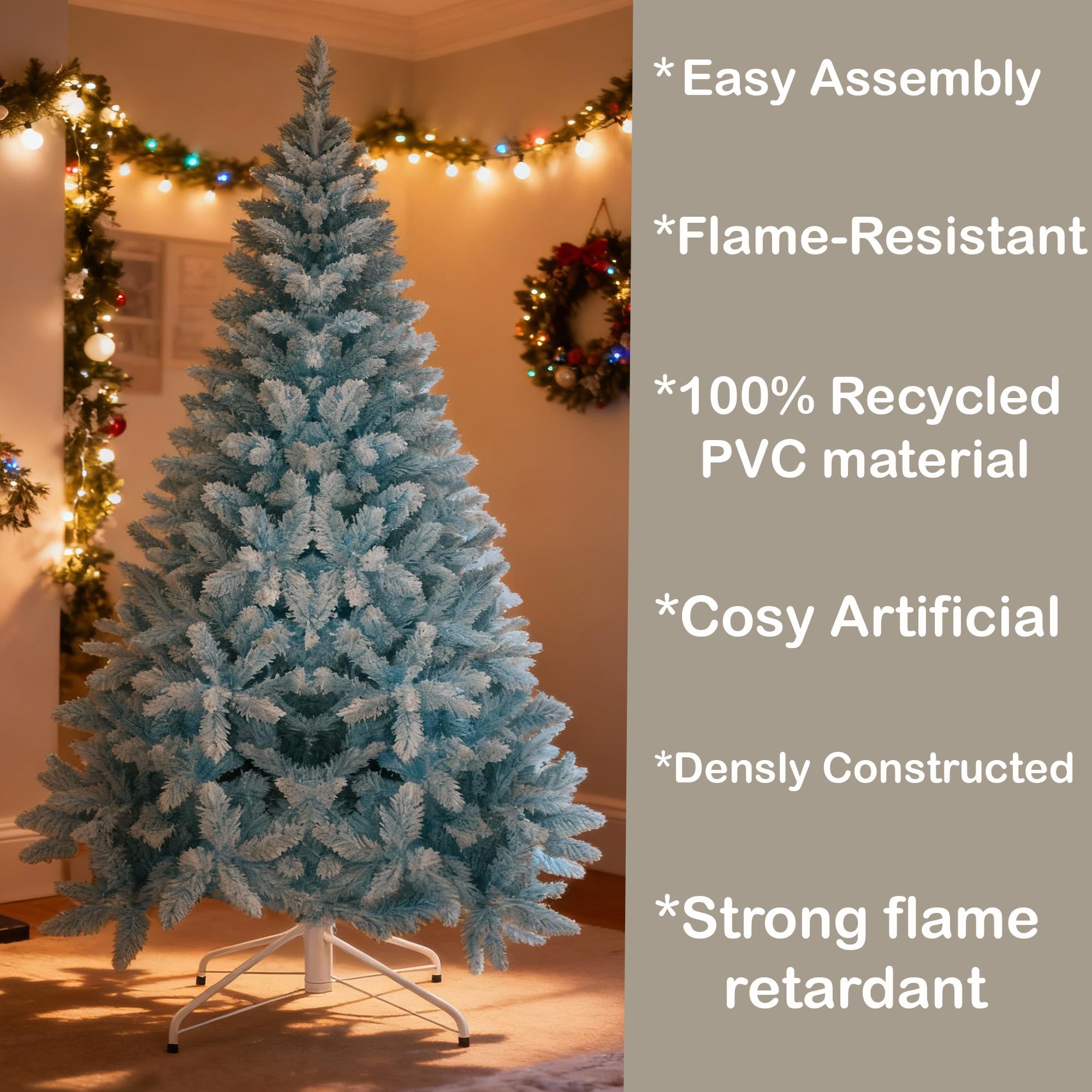 Sapin de Noël Artificiel floqué Bleu de 2,1 m avec Support en métal Pliable 1084 Branches articulées pour décoration de Maison