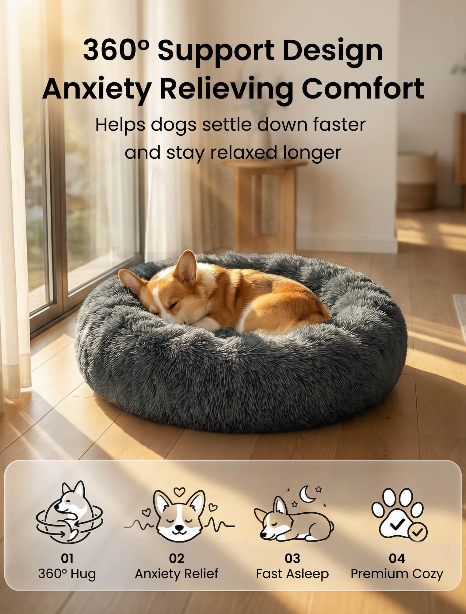 Beruhigendes Hundebett mit abnehmbarem Bezug, waschbar,  Donut-Anti-Angst-Hundebetten, weich, rund, kuschelig, Plsch, gemtlich,  warm, 60 cm, ...