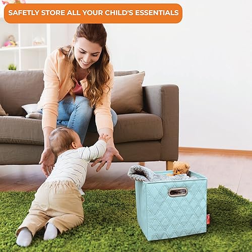 Miniatura 4 de Juego de cuatro cubos de almacenamiento de piel sintética con patrón de diamante azul de 12 pulgadas con asas dobles para sala de estar, dormitorio