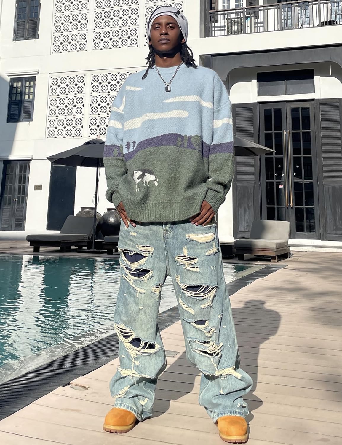 Gihuo Mens Sweater Vintage Cow Printed Sweater Pullover Sweaters Crewneck Oversized Kawaii Sweater Knit Tops Jumper - Image 4