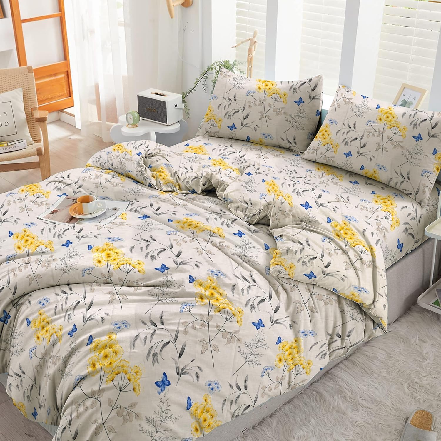 Reliancebedding 4-Piece Super King Size Duvet Cover Set – 100% Egyptian Cotton, 400 Thread Count Floral Print, Soft Luxury Duvet Cover with Fitted Sheet & Pillowcase