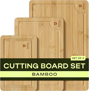 ROYAL CRAFT WOOD Wooden Cutting Boards for Kitchen Meal Prep & Serving - Bamboo Wood Serving Board Set with Deep Juice Groove Side Handles - Charcuterie & Chopping Butcher Block for Meat
