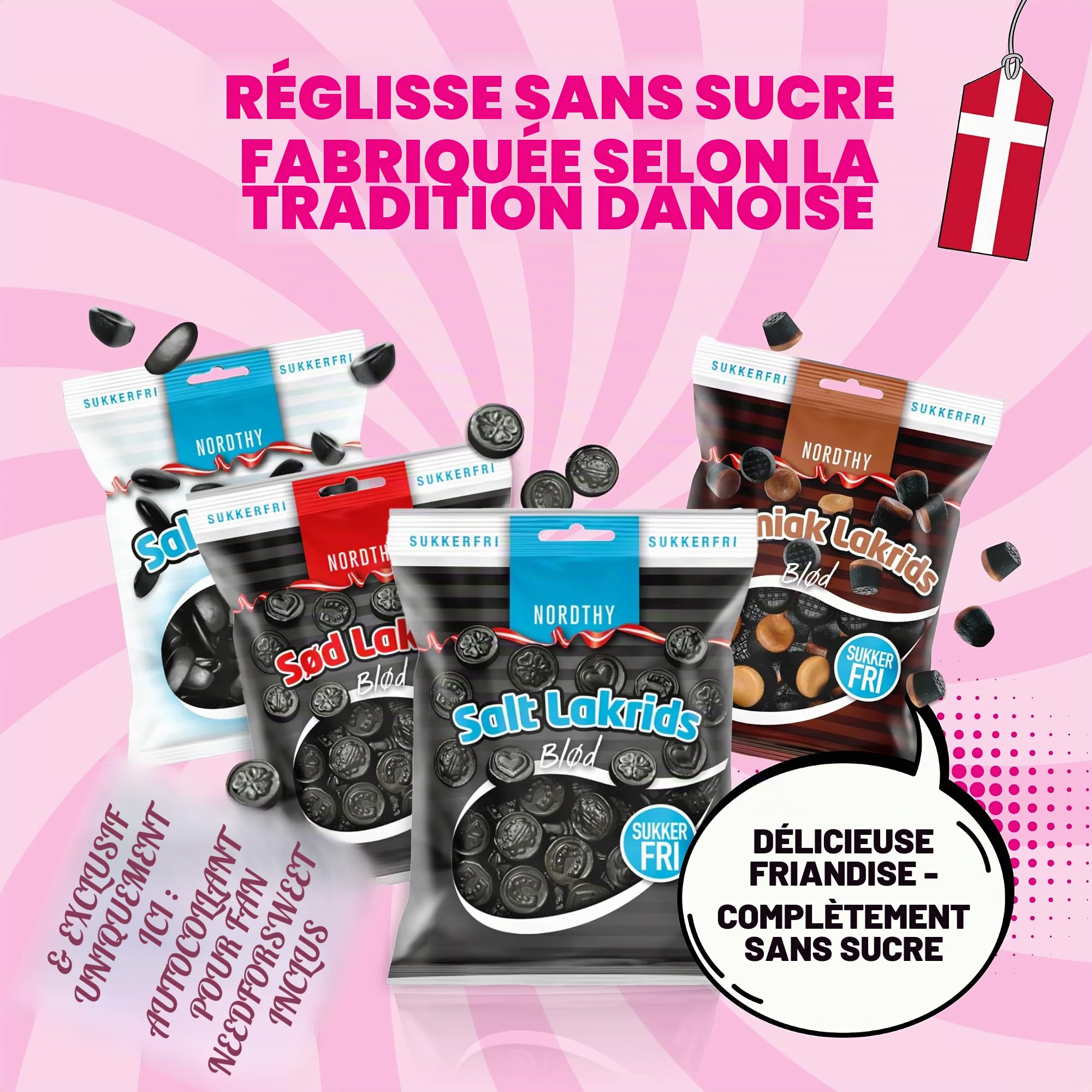 Nordthy Mélange de réglisse sans sucre 280g – Bonbons danois originaux sans sucre – Réglisse douce/salée/salmiak/pastilles de salmiak à faible teneur en calories