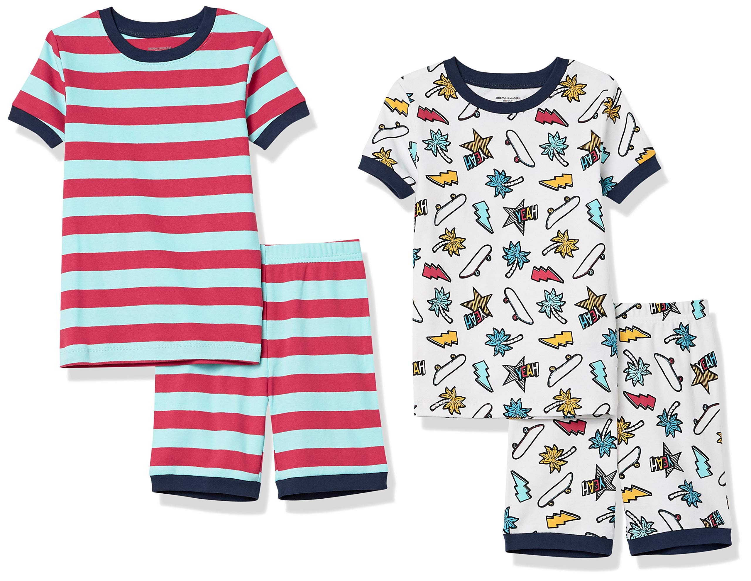 Amazon Essentials Conjuntos de Pijama Ceñidos de Algodón Unisex Niño, Pack de 2, Azul Agua Claro/Rojo/Blanco/Rayas, 11-12 años