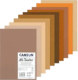 CANSON Pacote de papel A4 de desenho colorido Mi-Teintes, 160 g/m², dupla face: favo de mel e grão fino, 10 folhas de cor marrom, ideal para artistas e ilustradores profissionais