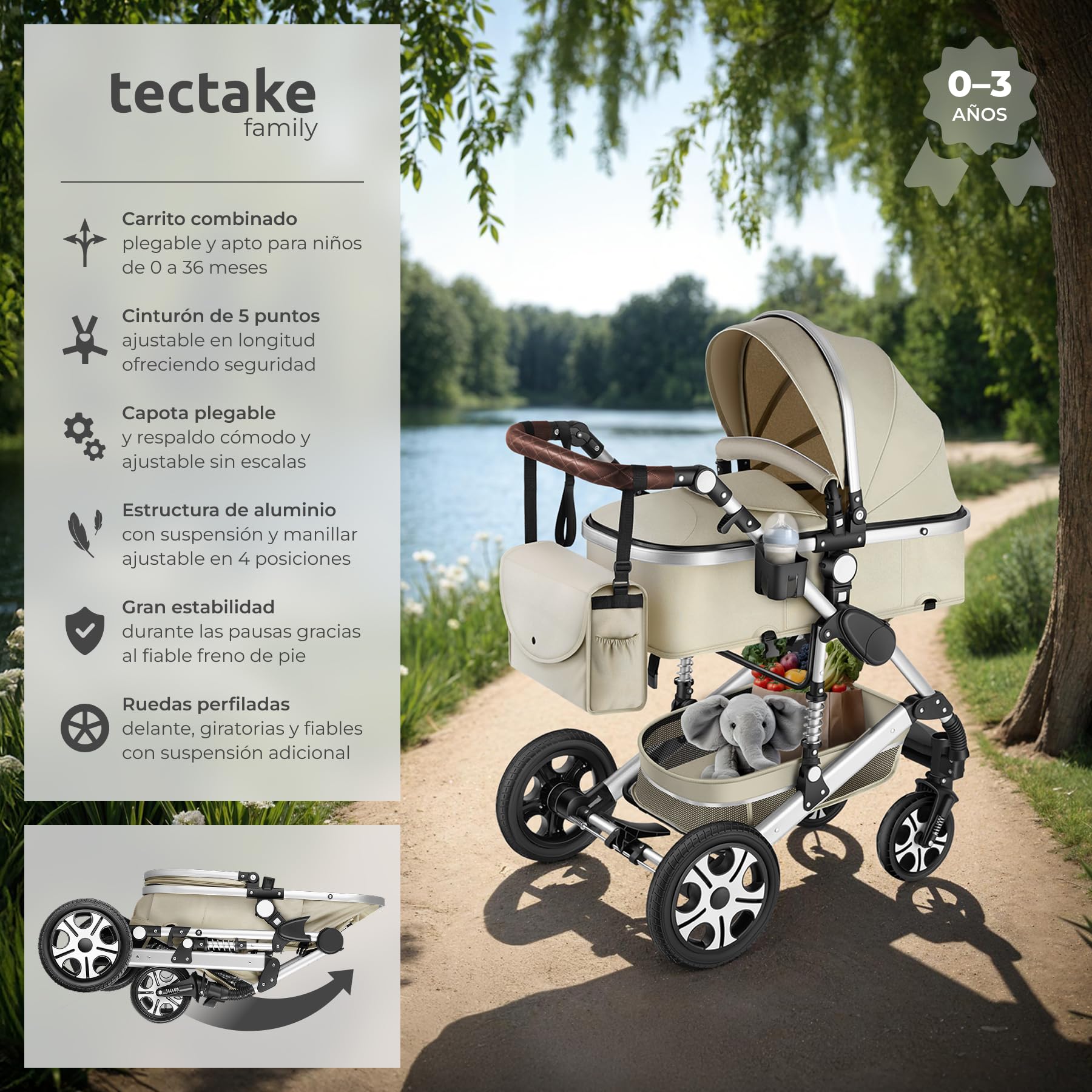tectake® Cochecito Bebé Combinado 2 en 1, Carrito Bebé Plegable con Capazo Extraíble, Silla de Paseo con Respaldo Ajustable, Arnés de 5 Puntos, Freno de Pie y Capota Plegable, Carro Bebés - gris/beige