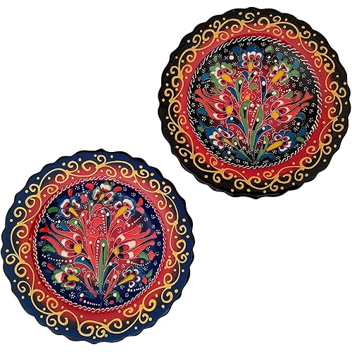 Ayennur Turkish Decorative Plates Set of 2-7.08 Inch(18cm) Multicolor Handmade Ceramic Ornament for Home&Office Wall Hanging Decors