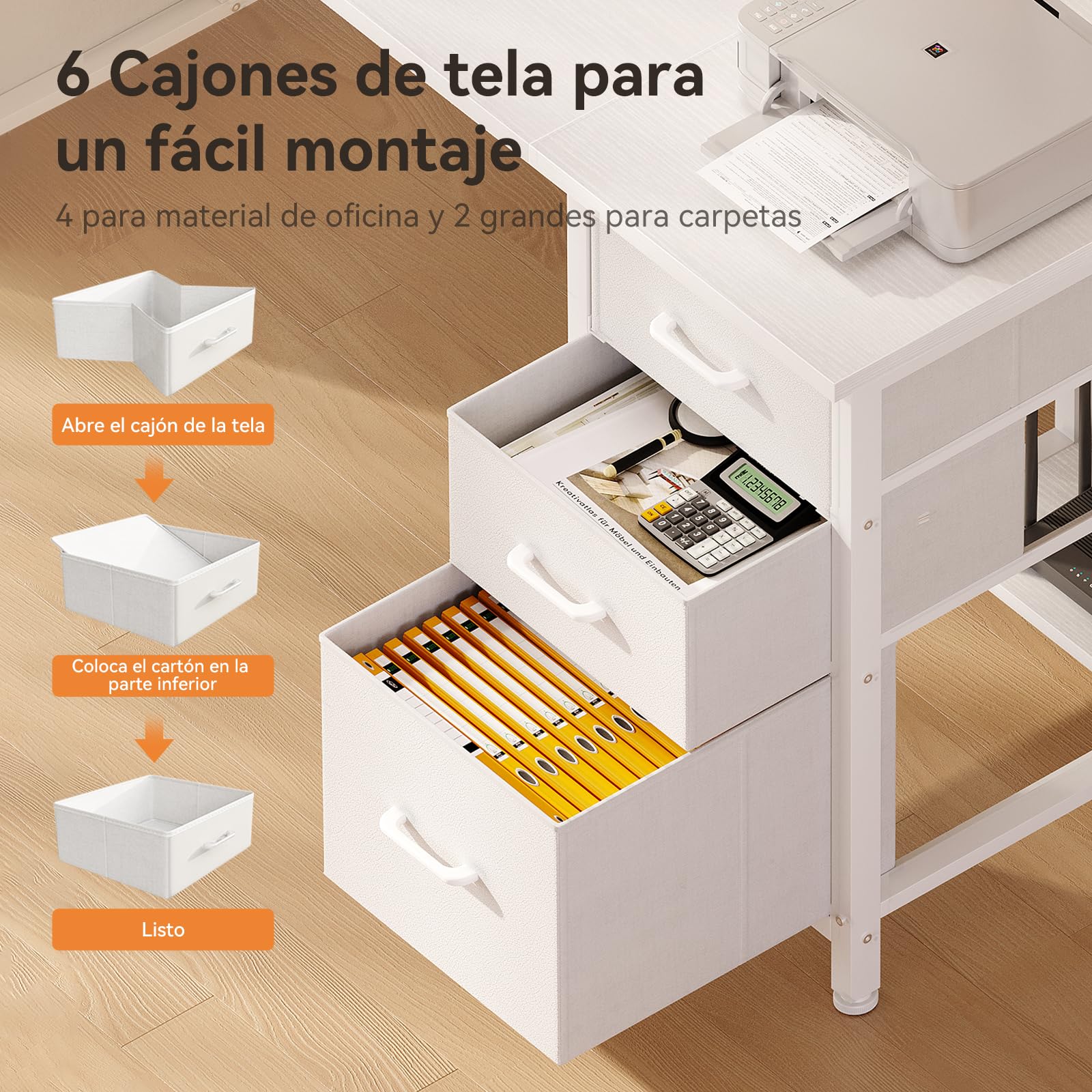 Coleshome Escritorio con 6 Cajones de Tela, 160x52 cm Mesa Escritorio con Estantes, Escritorio Ordenador Grande con Espacio de Almacenamiento para Oficina en Casa, Blanco