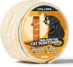 Pelzin Natural Sisal Rope for Cat Scratcher 1/4 Inch by 100 Feet, Cat Tree Rope Twine for Cat Scratching Post Replacement, Cat Tower with Scratch Post Repairing, Replace, Recovering and DIY, Natural