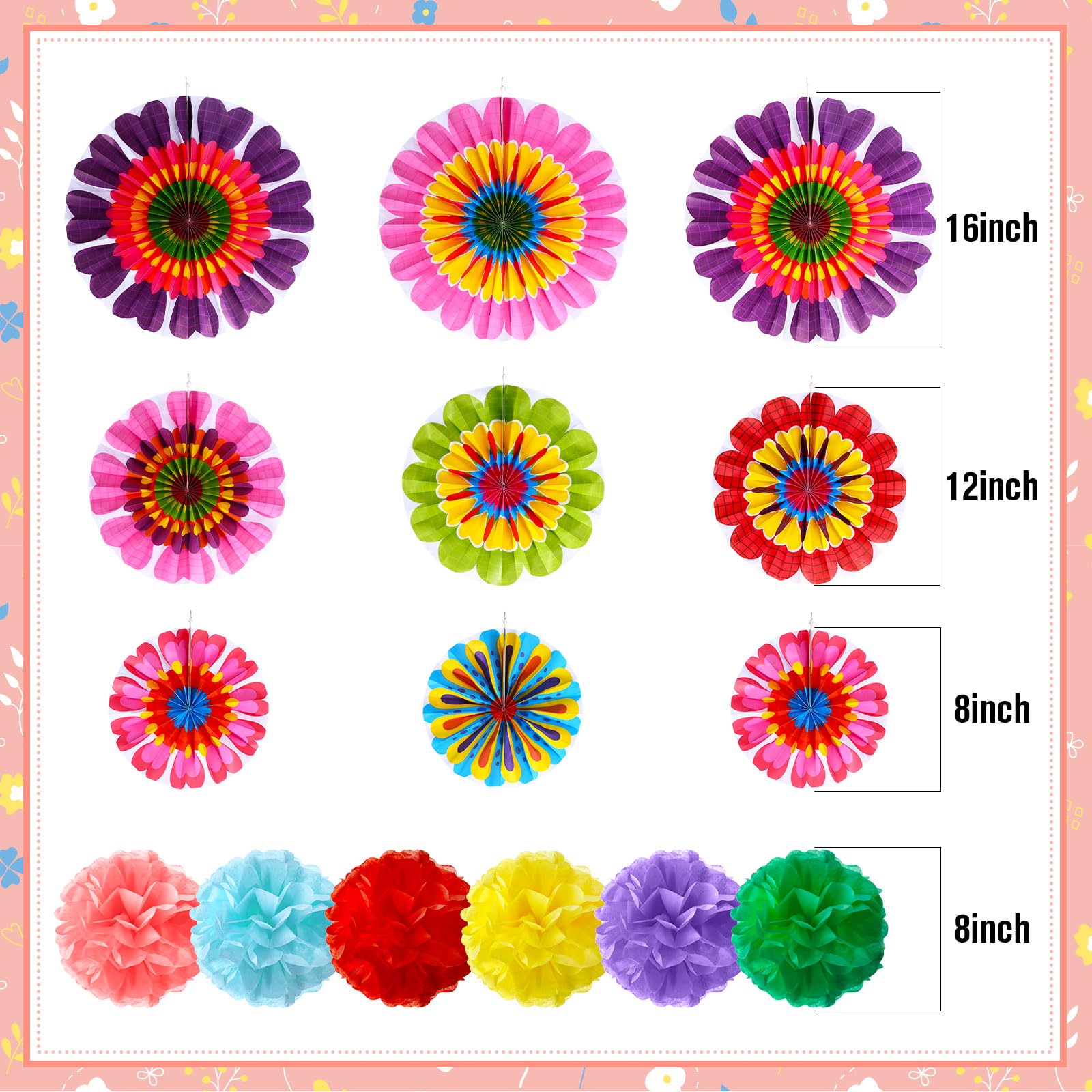 Outus 21 Pcs Spring Flower Hanging Paper Fans Flower Paper Fans Classroom Decorations Springtime Summer Tissue Pom Poms for Ceiling Wedding Birthday Party Supply Classroom Decor(Spring Flower)