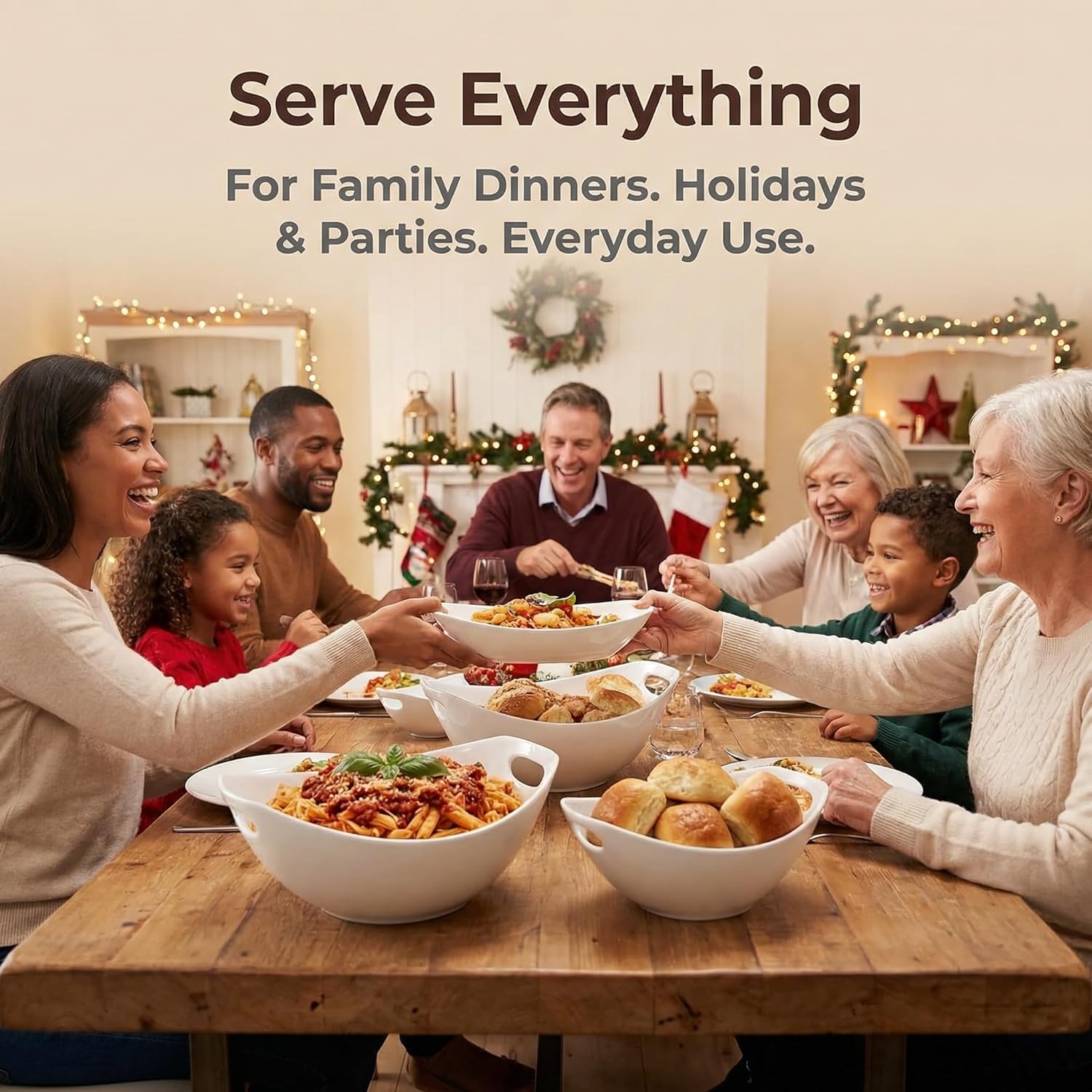 Ceramic Serving Bowls with Handles, Large Salad Bowl Set for Entertaining, Mixing, Serving Dishes for Parties, Kitchen, Housewarming & Everyday Use, Set of 3, 15/28/49 oz