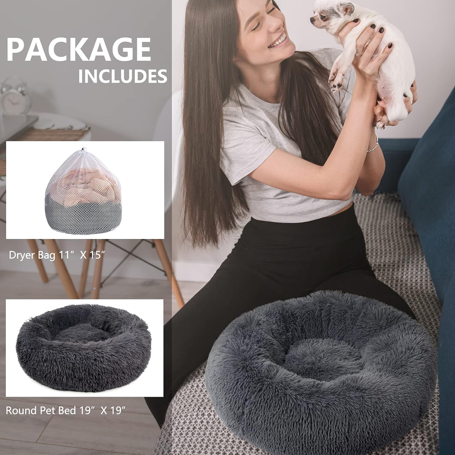 Extra Small Dog Bed for Small Dogs Washable,Donut Calming Bed for Dogs,Round Fluff Anti Anxiety Pet Bed for Puppy,Dark Gray : Pet Supplies