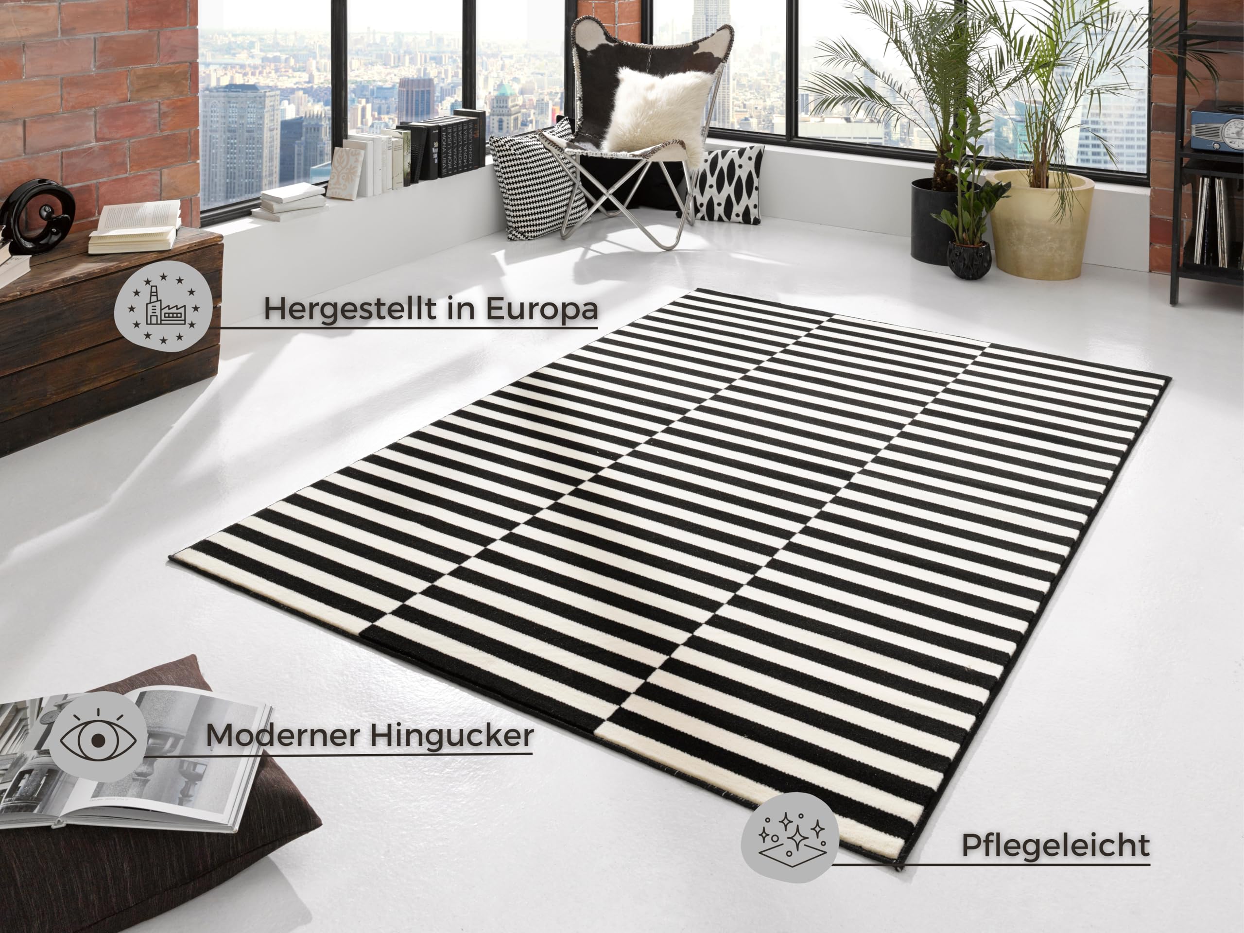 Hanse Home Teppich Panel – Wohnzimmerteppich Kurzflor Streifen Design Grafisches-Muster Moderne Optik für Esszimmer, Wohnzimmer, Kinderzimmer, Flur, Schlafzimmer, Küche – Schwarz Creme, 120x170cm