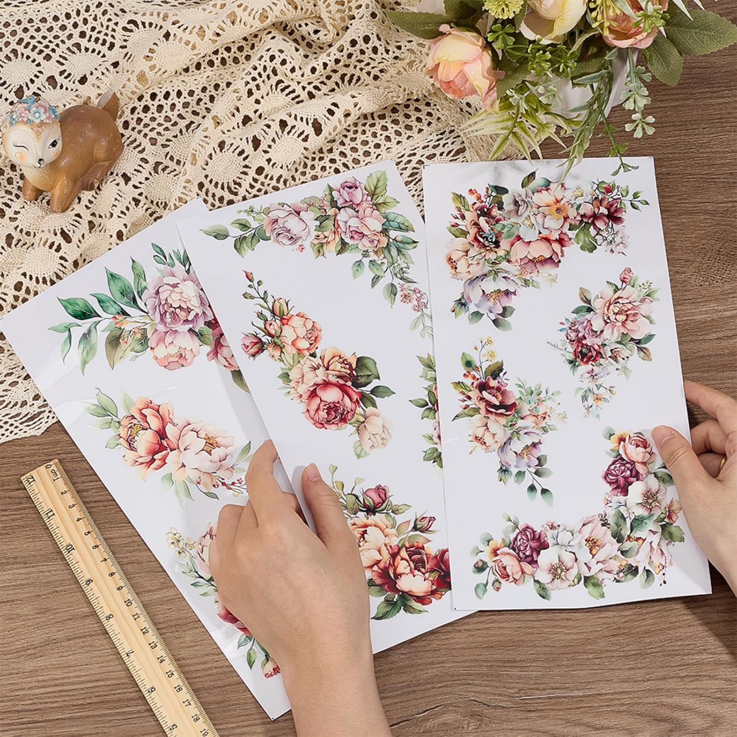 OLYCRAFT 3pcs/Set Corner Flower Rub on Transfers for Furniture and Crafts 6x12 inch Roses Peonies Decor Transfer Stickers Floral Rub on Decals for Wood Furniture Scrapbooking Home Decorations