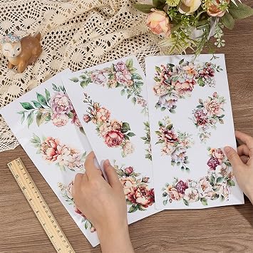 OLYCRAFT 3pcs/Set Corner Flower Rub on Transfers for Furniture and Crafts 6x12 inch Roses Peonies Decor Transfer Stickers Floral Rub on Decals for Wood Furniture Scrapbooking Home Decorations