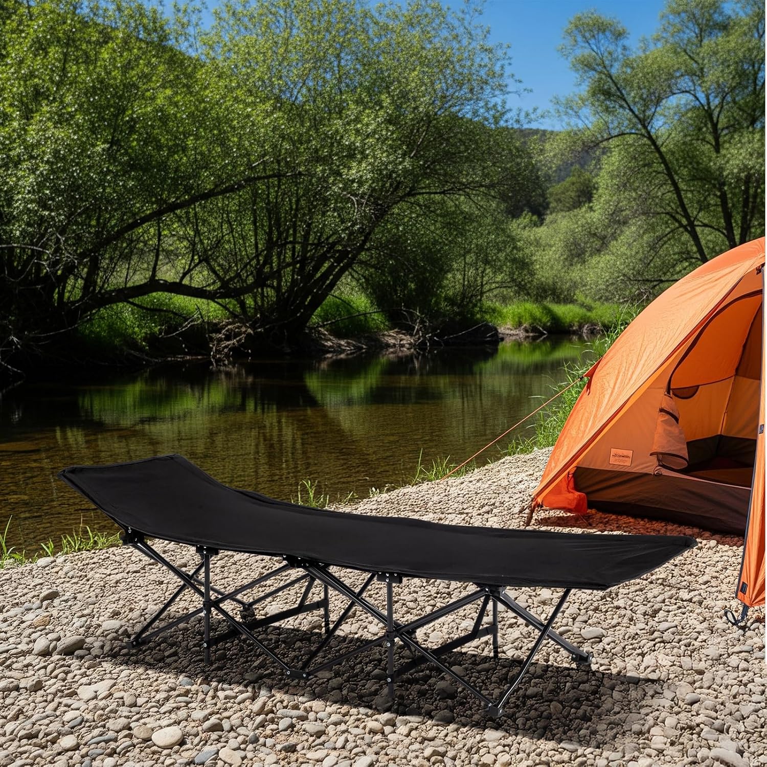 Camping Cot for Adult,Heavy-Duty Portable Cot Bed with Mattress & Carry Bag,Foldable Padded Sleeping Cots,Guest Bed for Adults for Camping,Traveling,Lounging,Elevated Sleeping,Guests (Black)