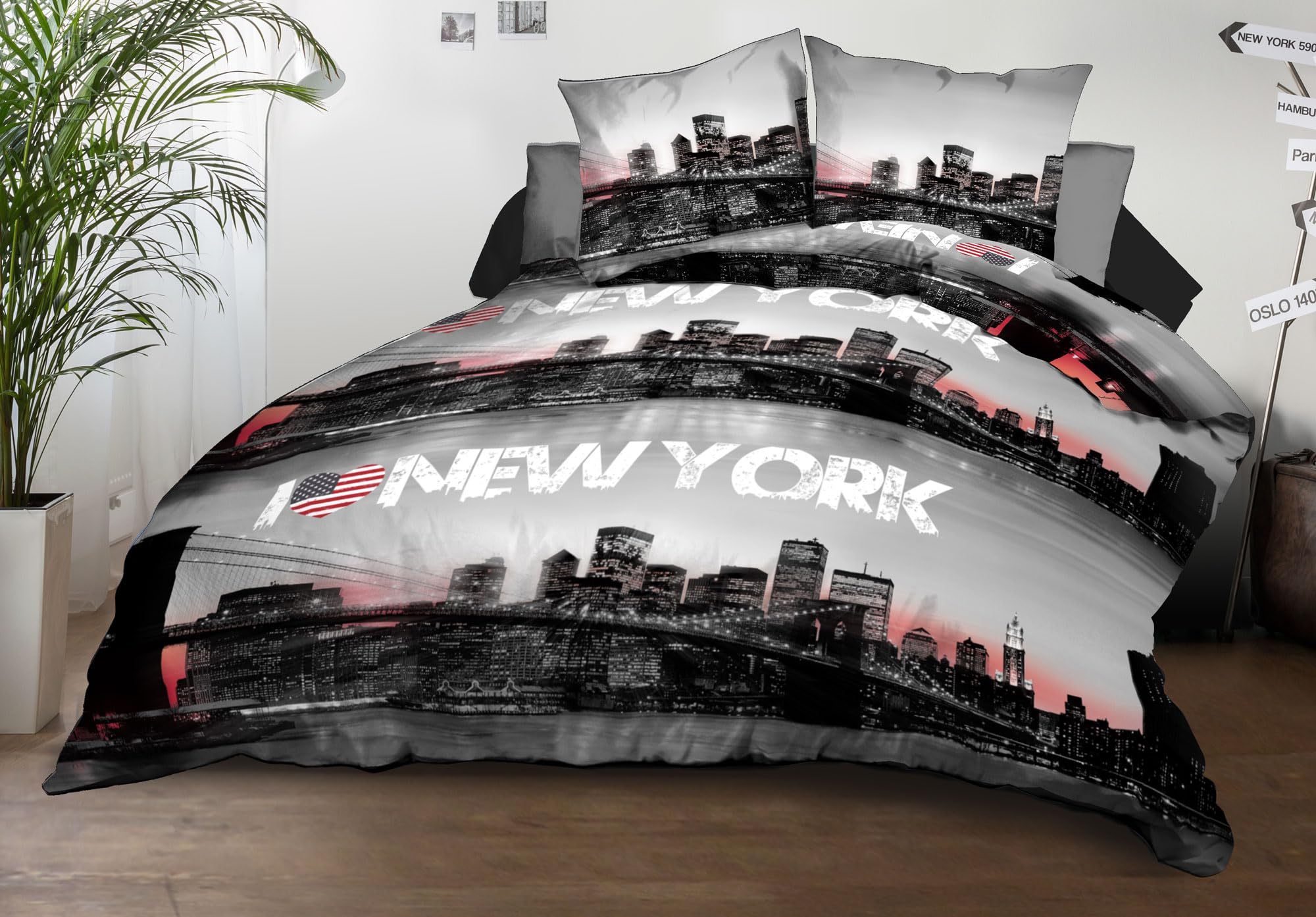 Le Linge De Jules Negro Funda Nórdica De 240 X 260 Cm Y 2 Fundas De Almohada, Microfibra Suave Y Resistente, Fácil Mantenimiento, Nueva York, Color