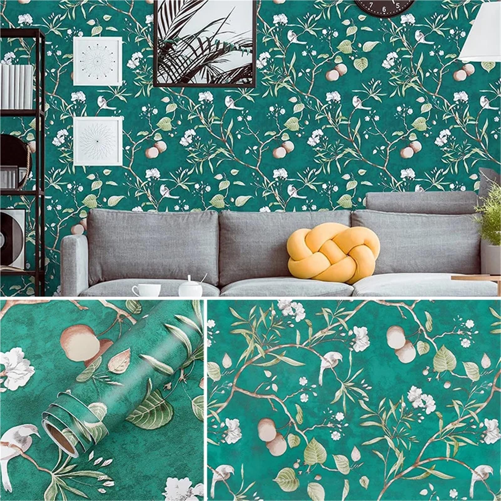 BTGYTTKL Self Adhesive Wallpaper Green Bloom Vintage Vinyl Peel and Stick Drawer Cover Household Storage Liner(Flower Bird,10mx45cm)