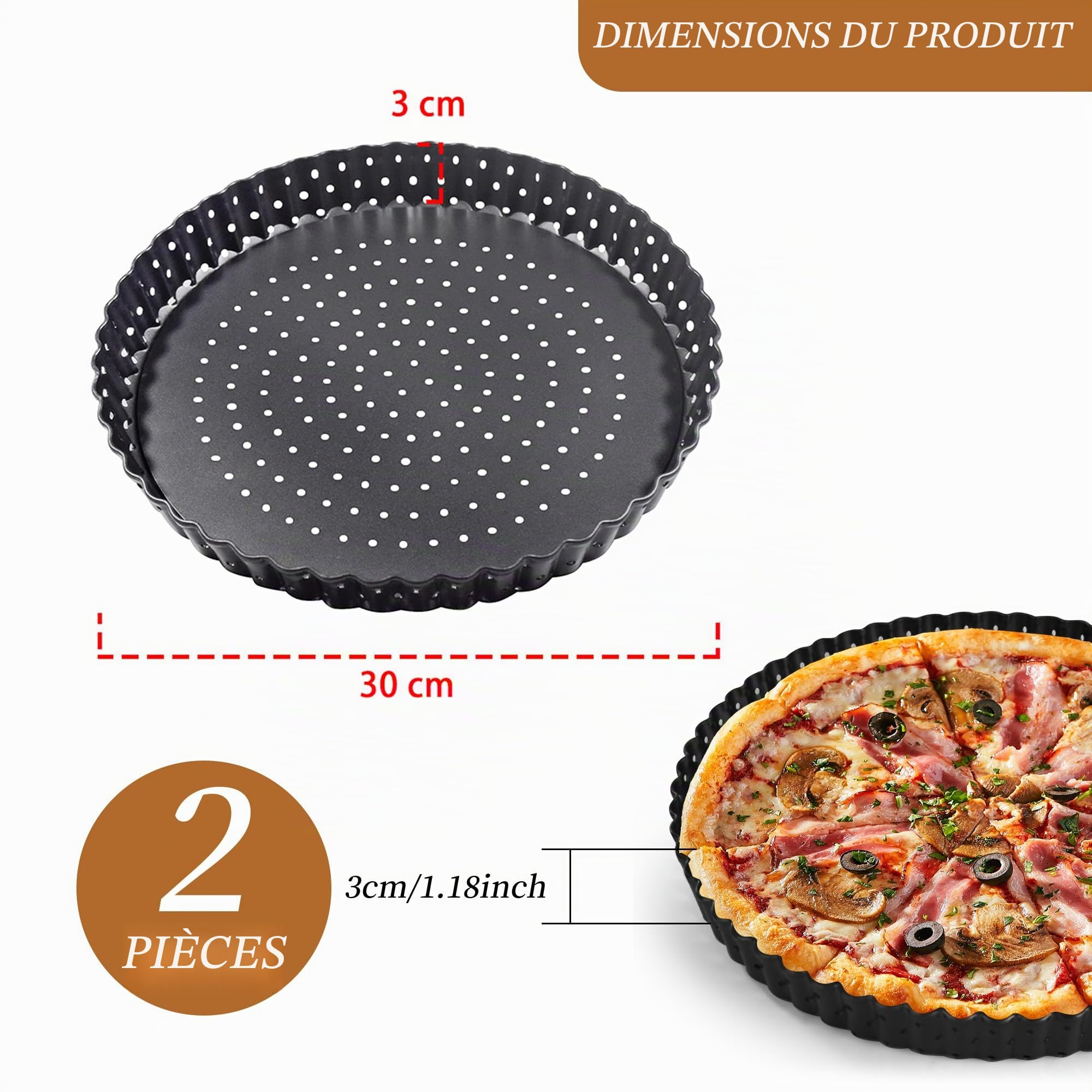 Lot de 2 moules à quiche perforés avec fond amovible de 30 cm, moules à tarte perforés anti-adhésifs avec fond amovible, plats à quiche ronds avec trous pour la cuisson