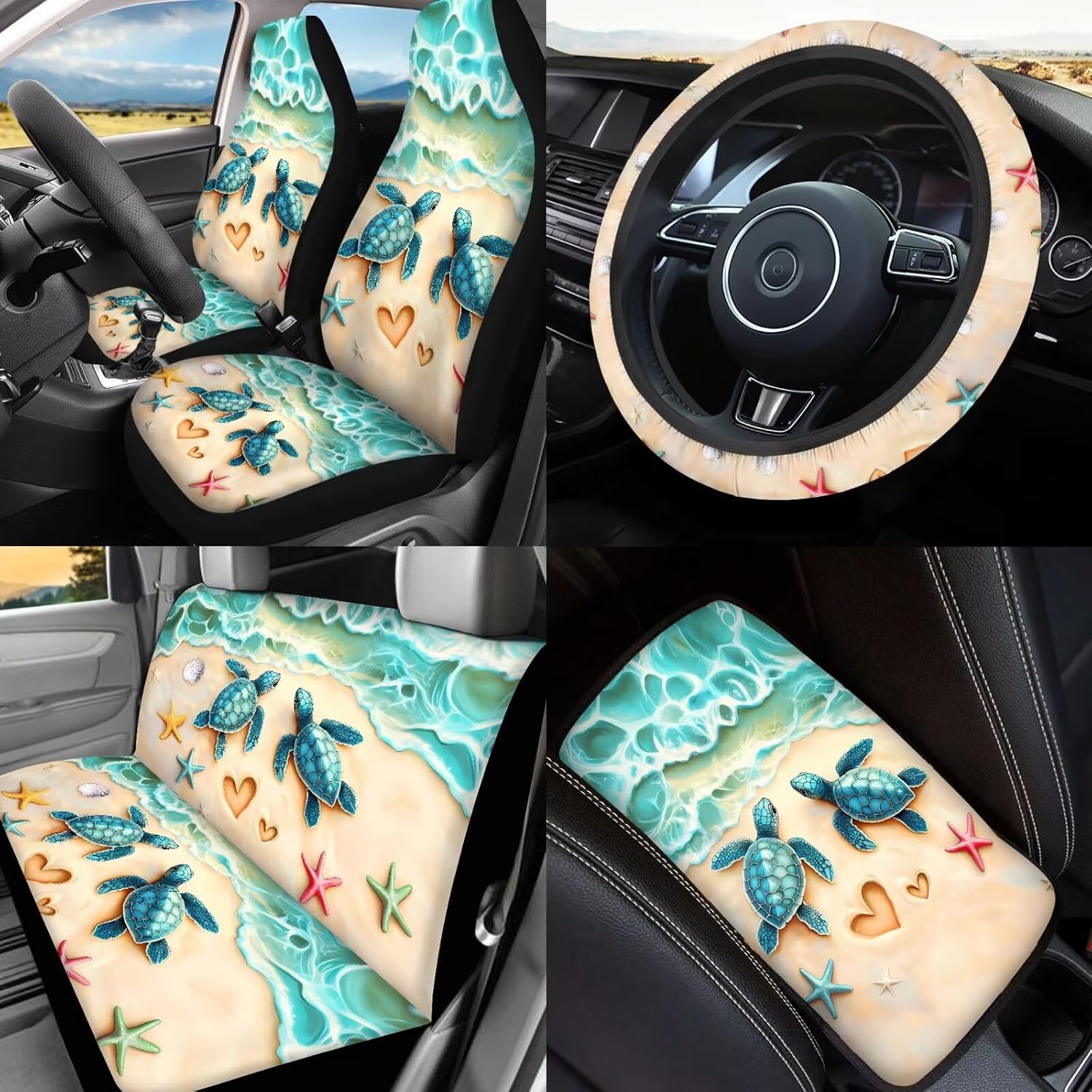 Sea Turtle Car Seat Covers Set Full Set with Rear View Mirror Cover,Green Sea Turtle Car Aaccessories of 17 Pcs,Universal Auto Interior Decor with Head Rest Covers,Car Trash Can for Women Man