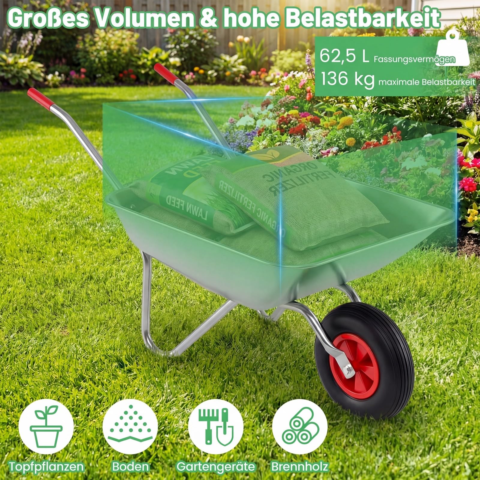 COSTWAY Schubkarre aus verzinktem Metall, 32 cm Gummireifen, Bauschubkarre mit 2 Griffen, Gartenschubkarre bis 136 kg, Schiebkarre Kippwagen Garten, Silber