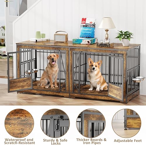 Vista 26 de Mueble doble para perrera de 61 pulgadas para 2 perros, soporte de TV con divisor ajustable, jaula resistente para perros de interior con 4 cuencos