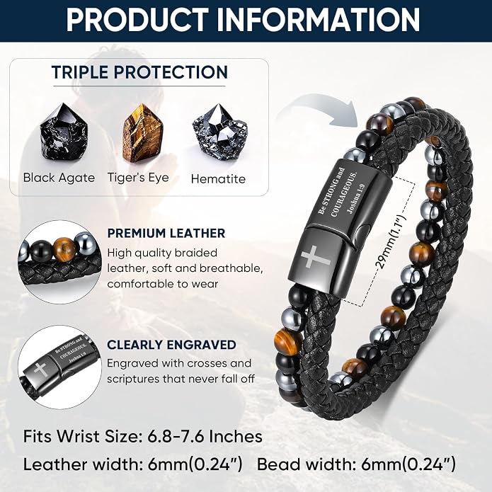 Pulsera de Cuero con Cruz y Piedras Sanadoras para Hombre miniatura 4
