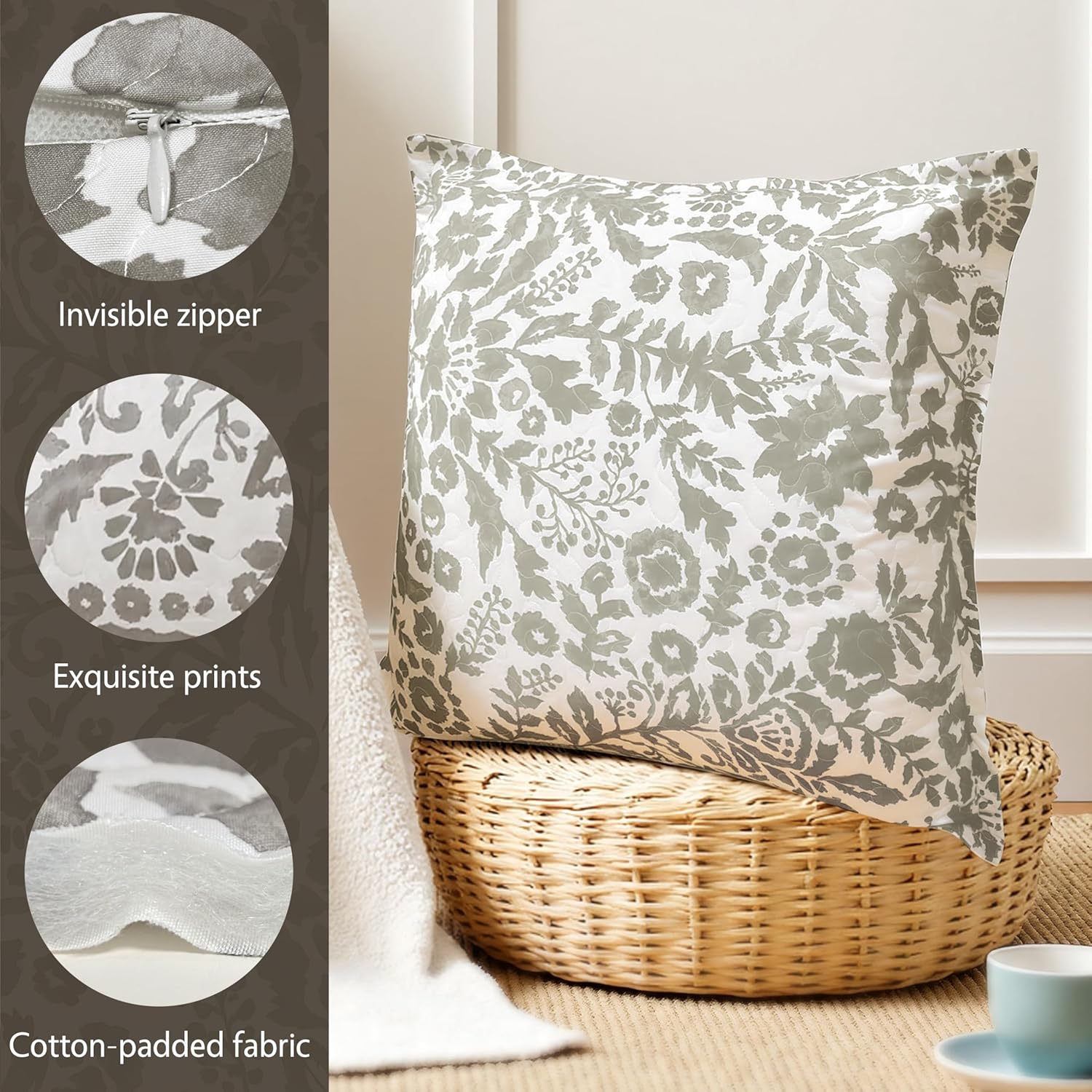 DriftAway Julia Watercolor Quilted Pillow Covers Blooming Flower Floral Printed Decorative Square for Home Sofa Bedroom Bed Decor 26 x 26 Inches 2PC Gray