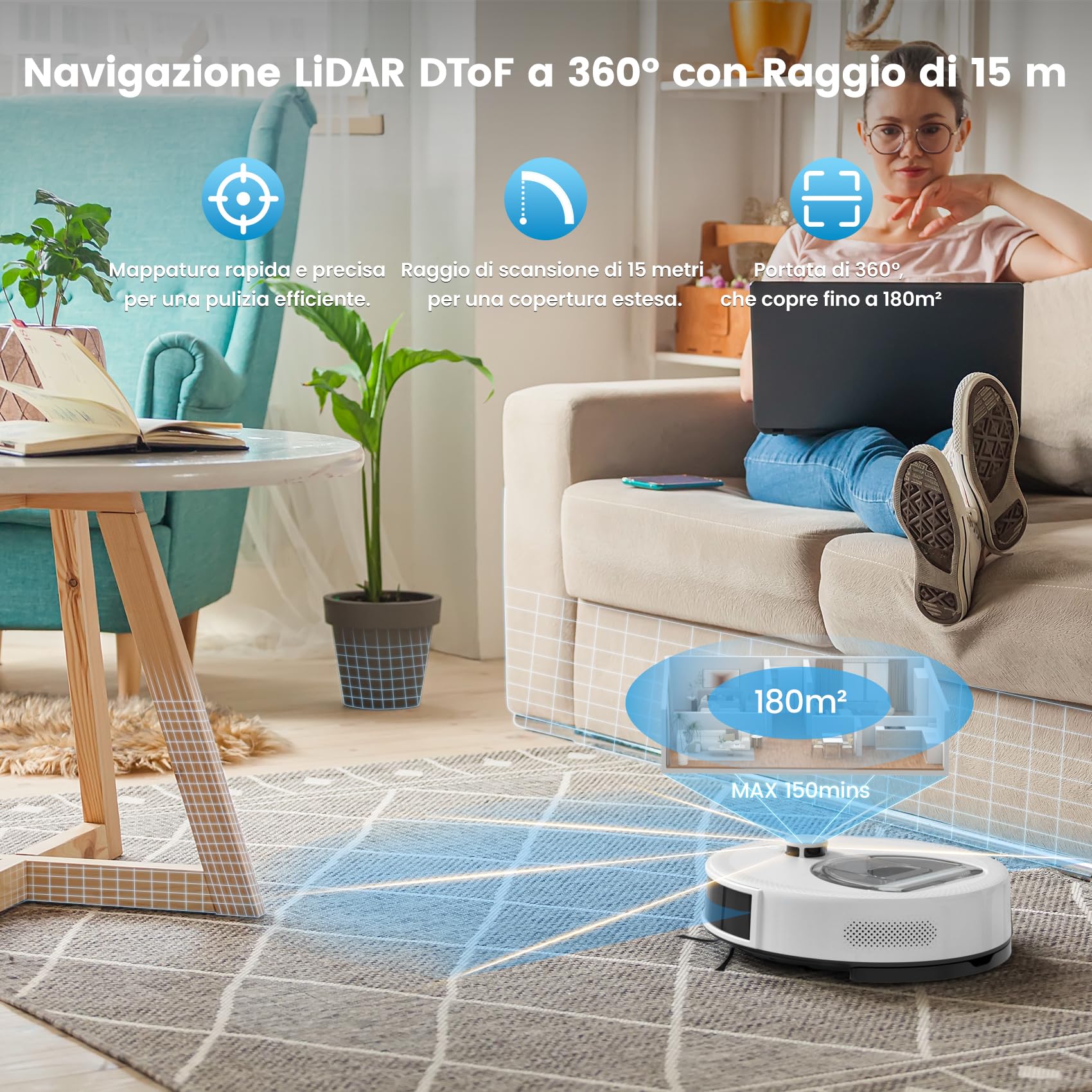 OKP L6 Aqua Robot Aspirapolvere Lavapavimenti con Mappatura, LiDAR DToF, 6000Pa, 150 Min, WiFi/APP/Alexa, Zone No-Go, 3 IN 1 Robot Lavapavimenti e Aspirapolvere Ideale per Peli di Animali Tappeti