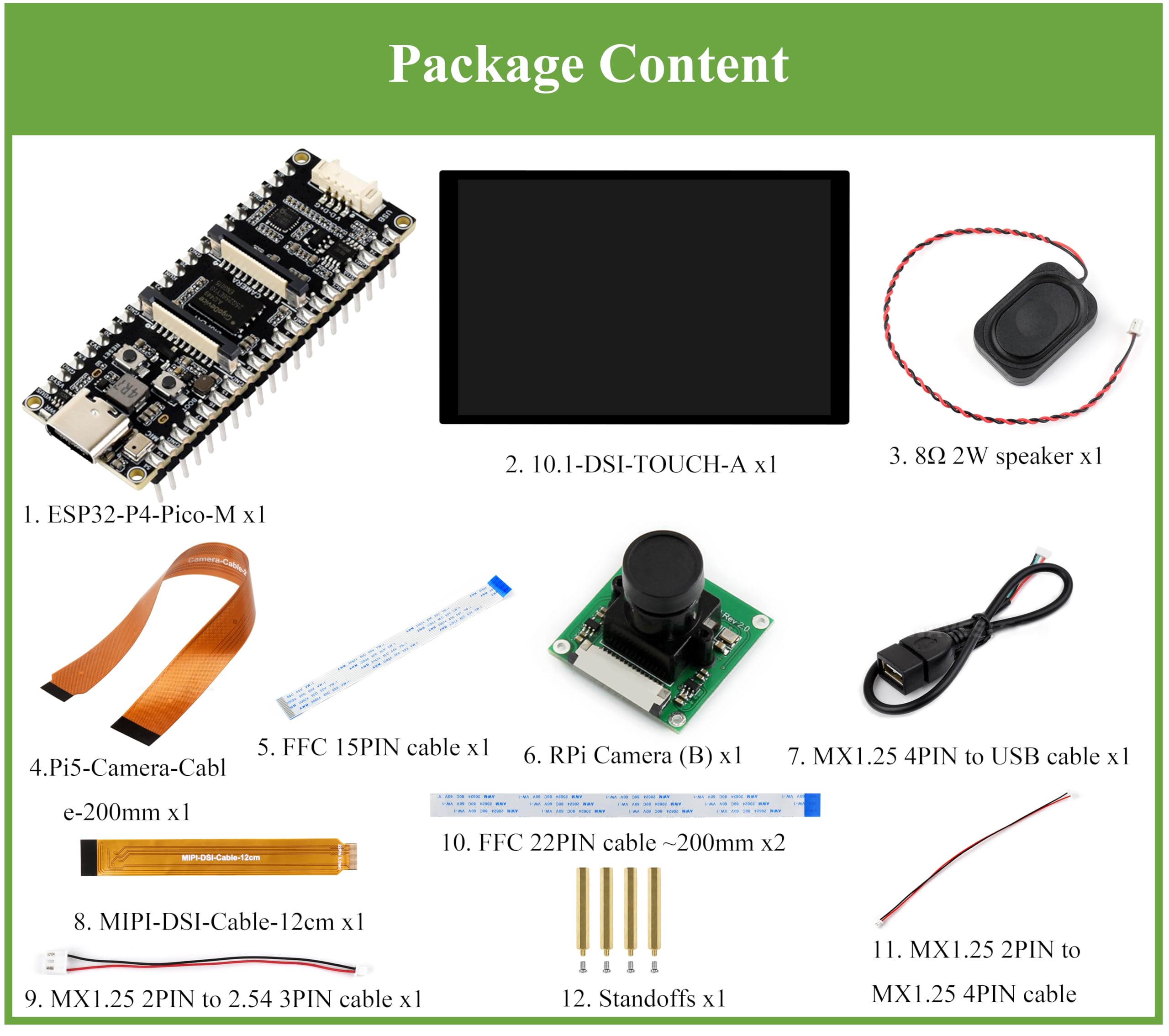 ESP32-P4-Pico Development Board, Based On ESP32-P4, Rich Human-Machine Interfaces-Display/Camera Interface, Speaker Header,etc. Bundle with Board, Camera, Speaker, DSI 10.1inch DSI Touch LCD-12 Items