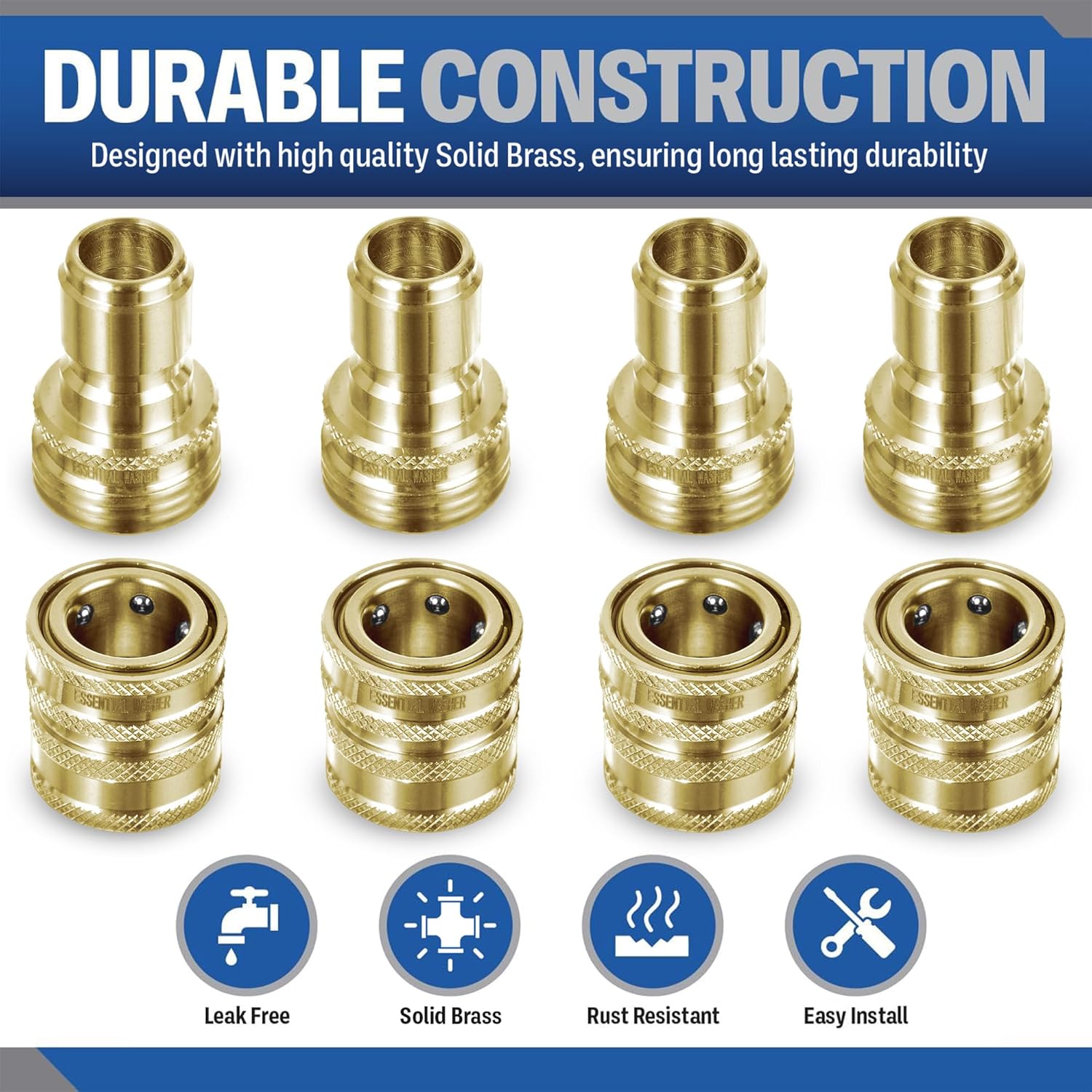 ESSENTIAL WASHER ¾” Brass Garden Hose Quick Connect Fittings | Plug & Coupler Set of 4