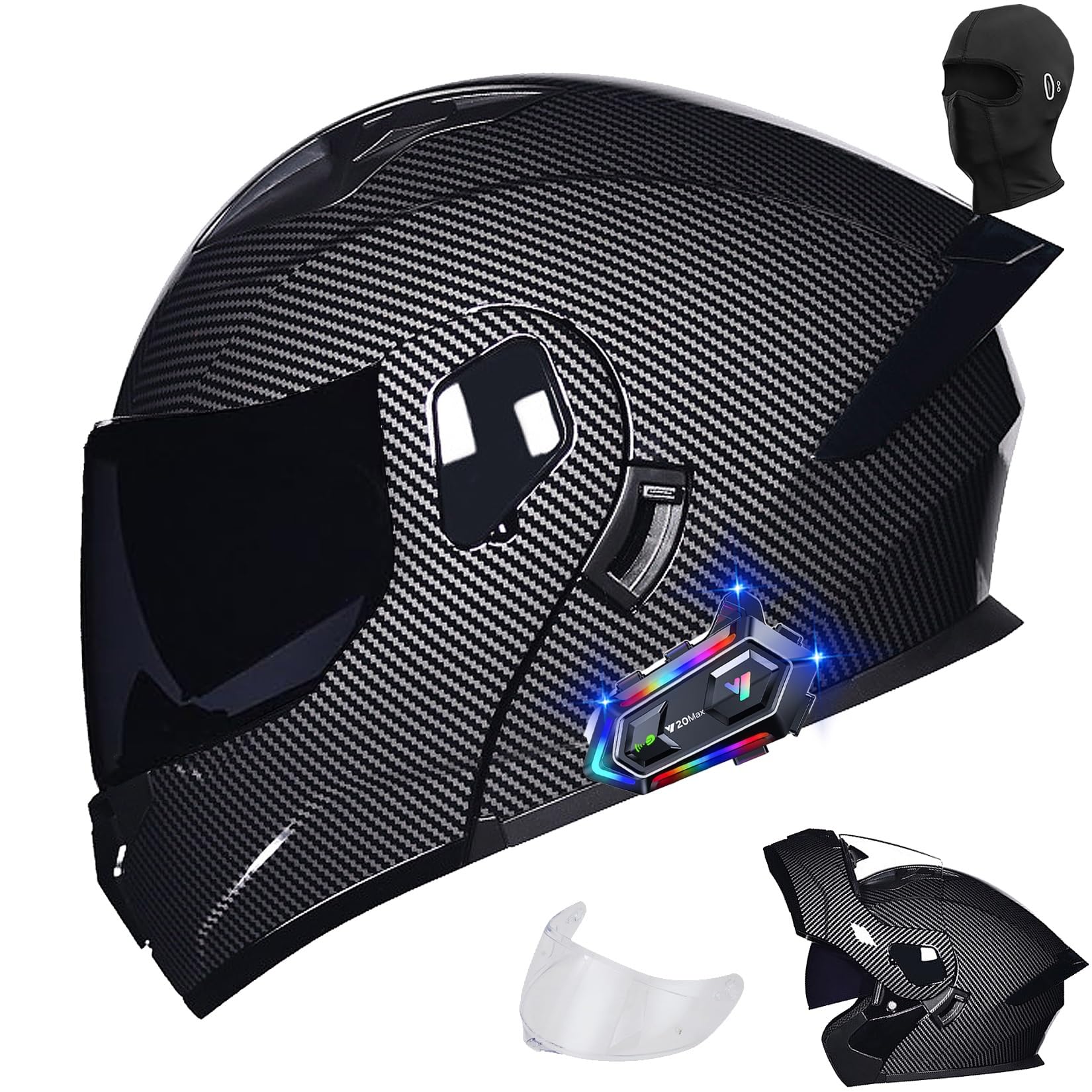 Bluetooth Integrated Modular Flip up Full Face Motorcycle Helmet Sun Shield