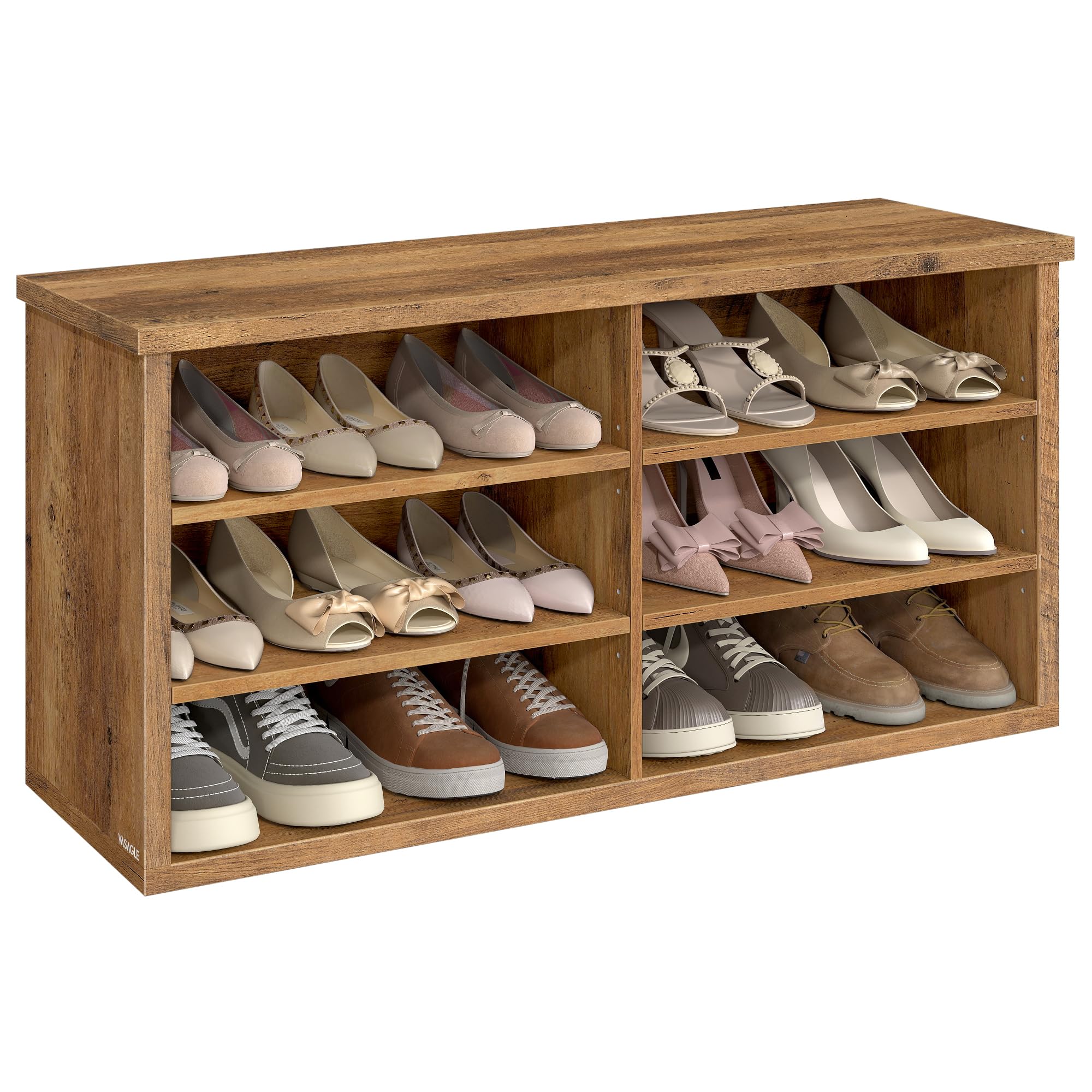 VASAGLE Shoe Bench, Storage Bench, 6 Compartments, Adjustable Shelves, for Living Room, Hallway, 29.5 x 100 x 50 cm, Honey Brown LSB036K01