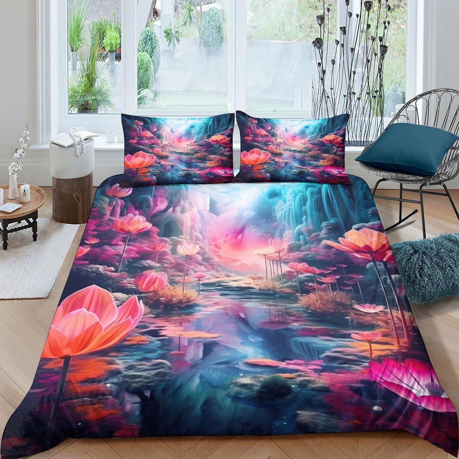 Ctjqhvkz Style-8 3D Printed Water Lily Lake Fitted Sheet Microfiber Soft Breathable Sunset Reflection Mattress Cover For Bedroom Decor Single（135X200cm）