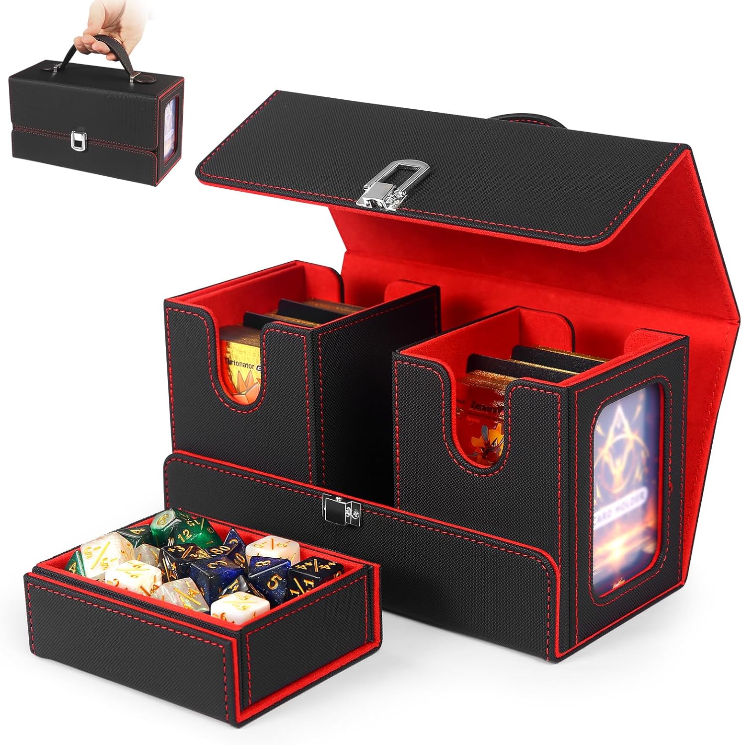 MTG Deck Box - Commander Deck Box Fits 200+ Double-Sleeved Cards, 3-in-1 Magnetic Card Storage Box with 2 Commander Display & 4Dividers & Dice Tray Fits for TCG CCG Magic Cards (Black & Red)