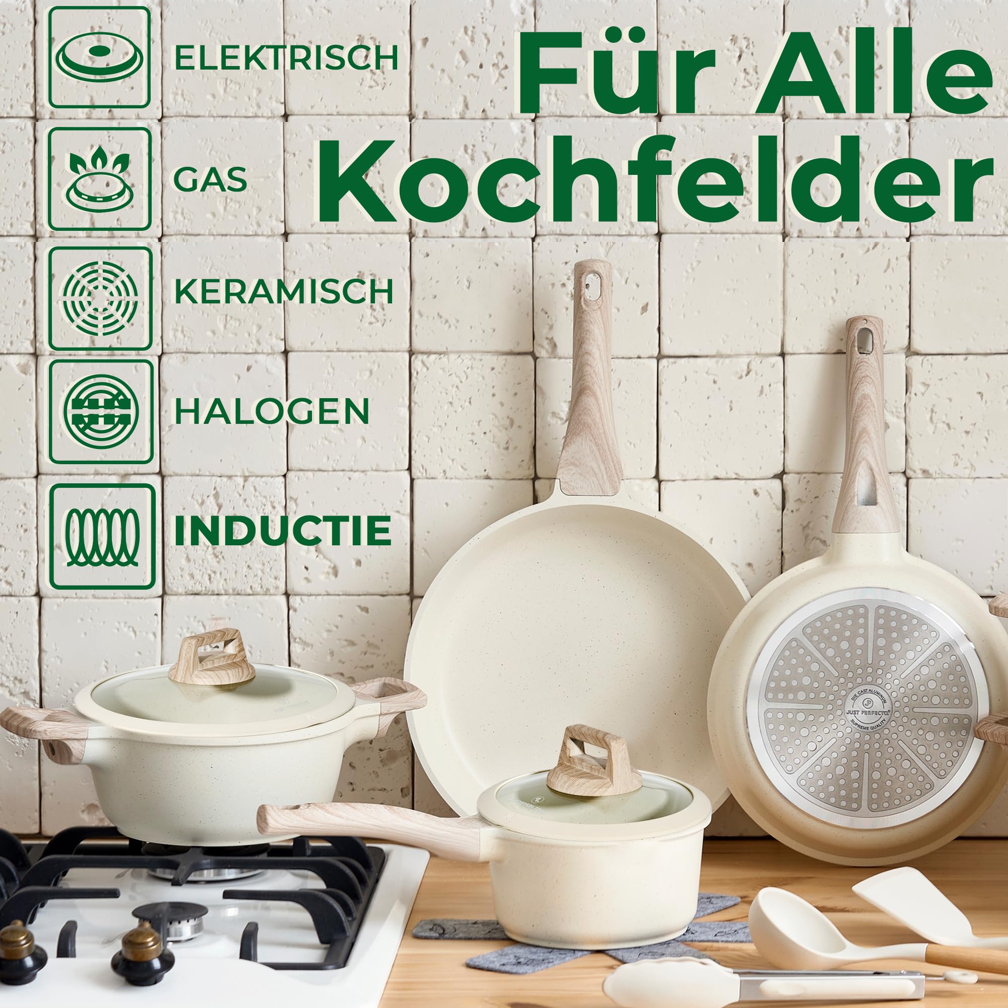 Just Perfecto Household Appliances JUST PERFECTO Induktions Töpfe Set 14 pcs Pfannenset mit deckel - Induktions Töpfe Set - töpfe & pfannen set ohne PTFE und PFOA - Kratzschutz-Silikon Kochgeschirr Topfset induktion 14 pcs beige – Bild 3