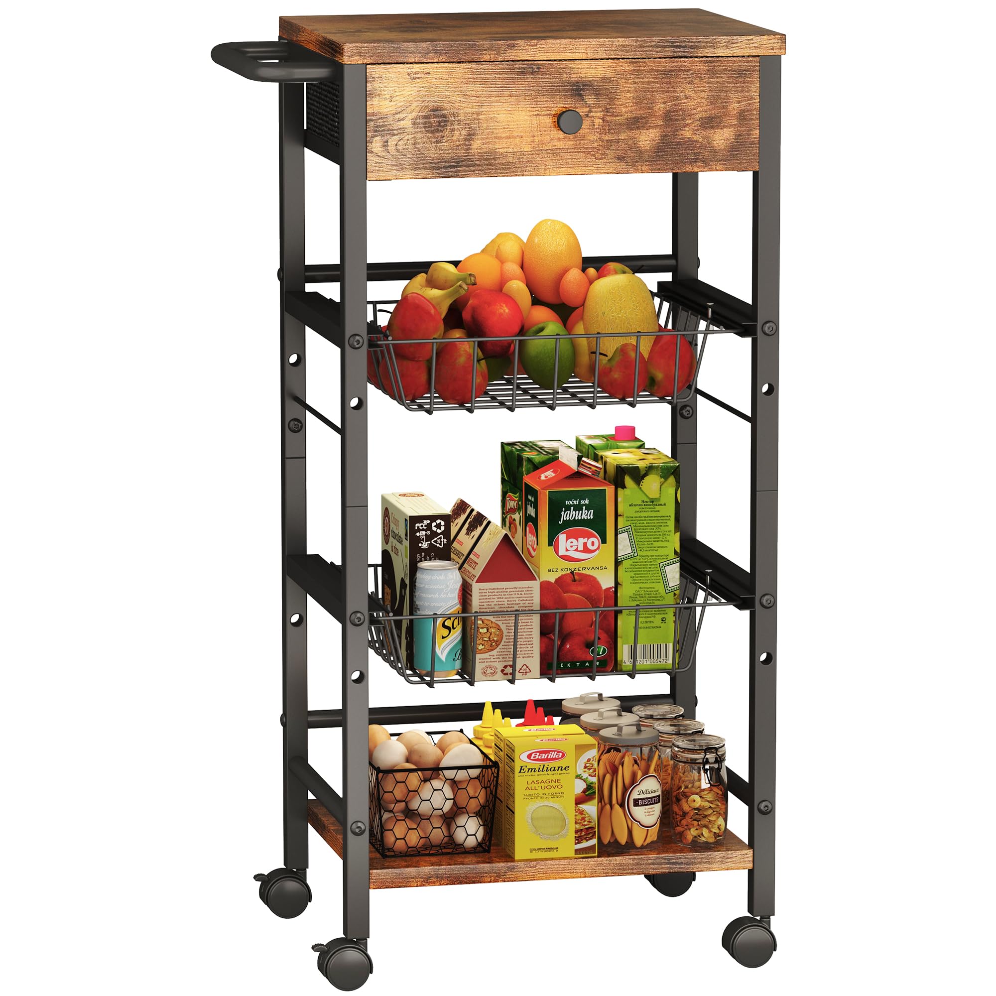Kitchen Organizer and Storage Cart with Fabric Drawer and Convenient Handle, Snack Organizer Cart with 2 Pull-Out Baskets and 2 Storage Shelves,
